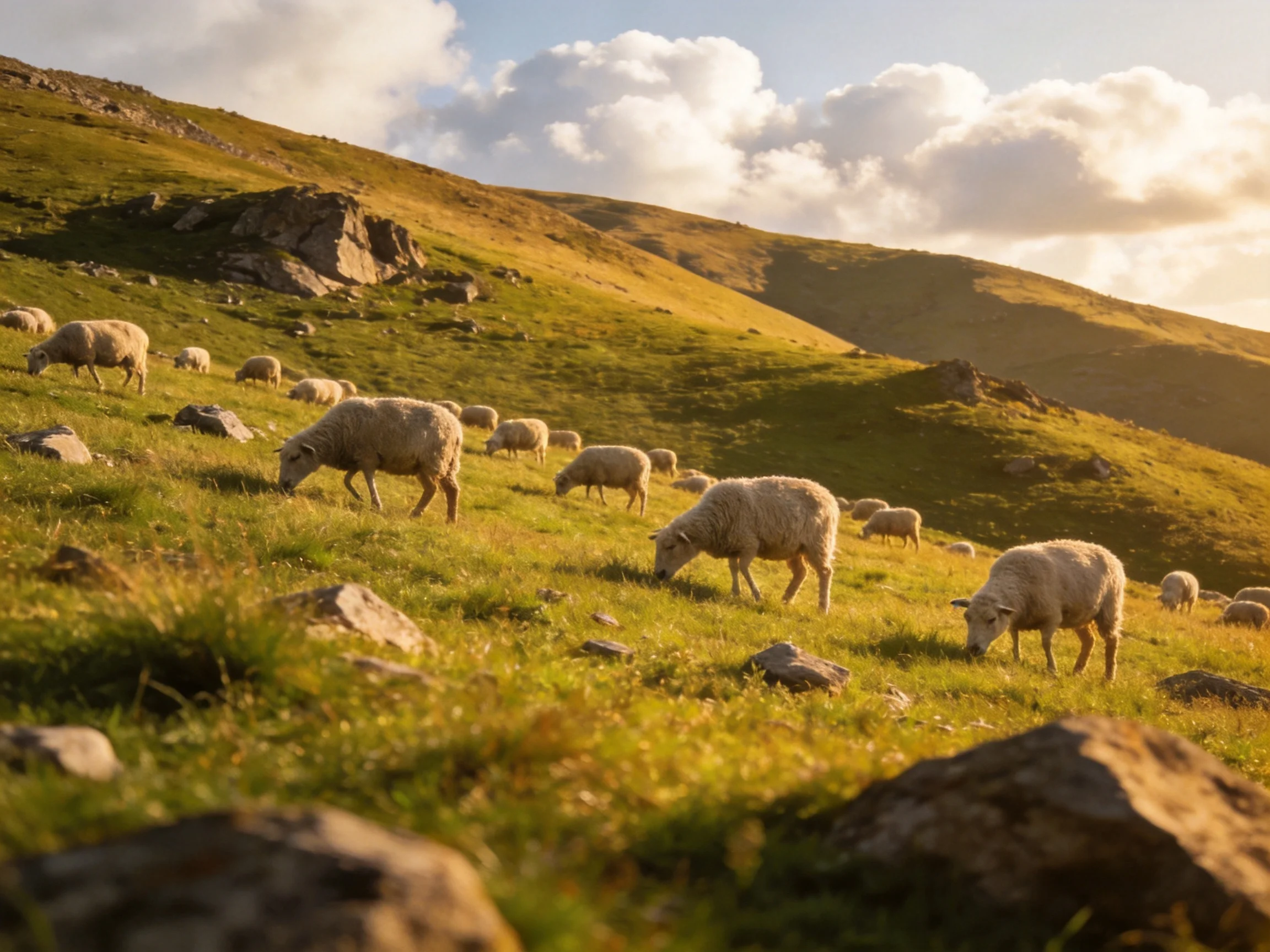 Flock of sheep graze on sunlit grassy hillside with scattered rocks
