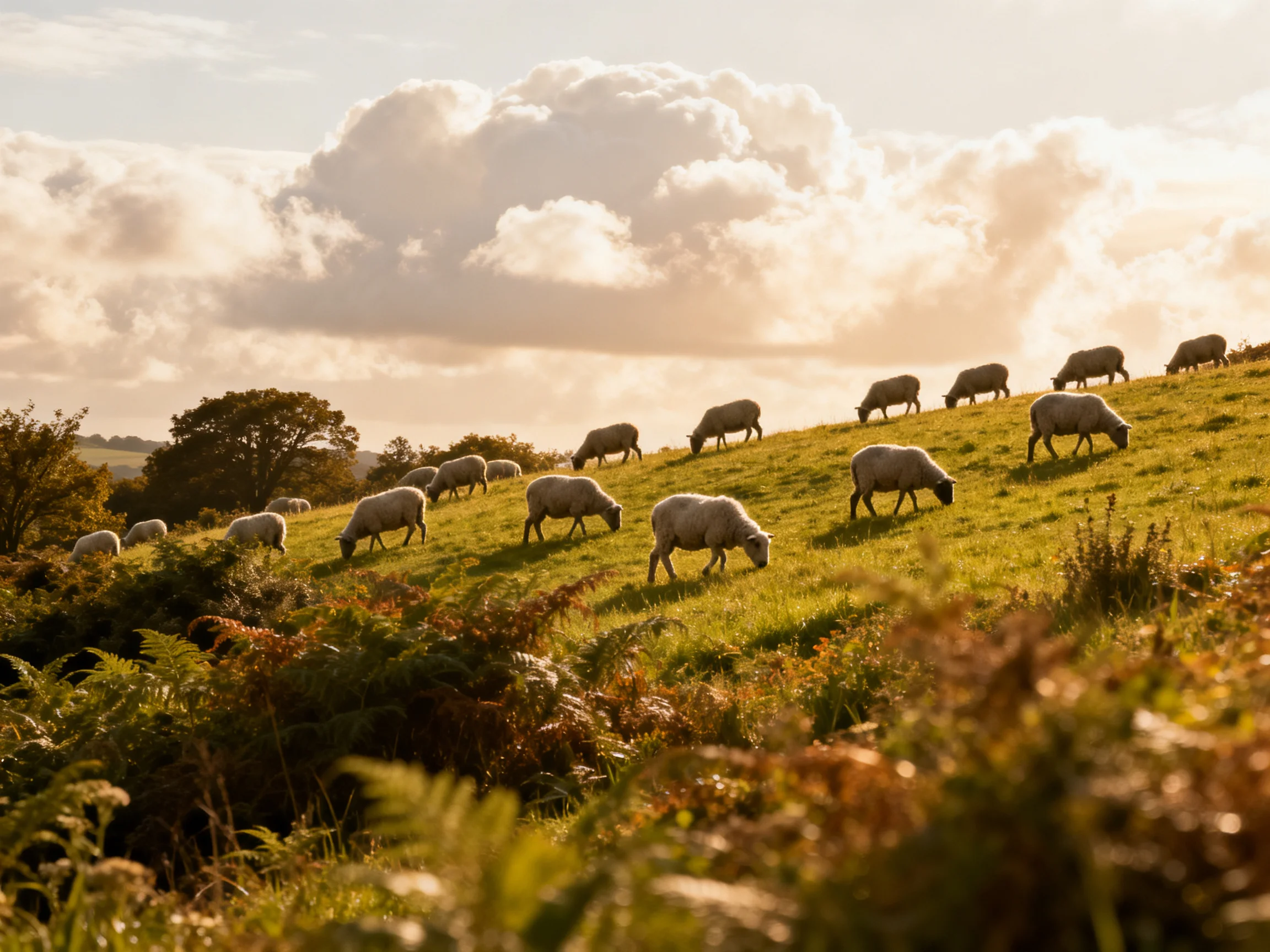 Flock of sheep graze on sunlit rolling green hillside with fluffy clouds