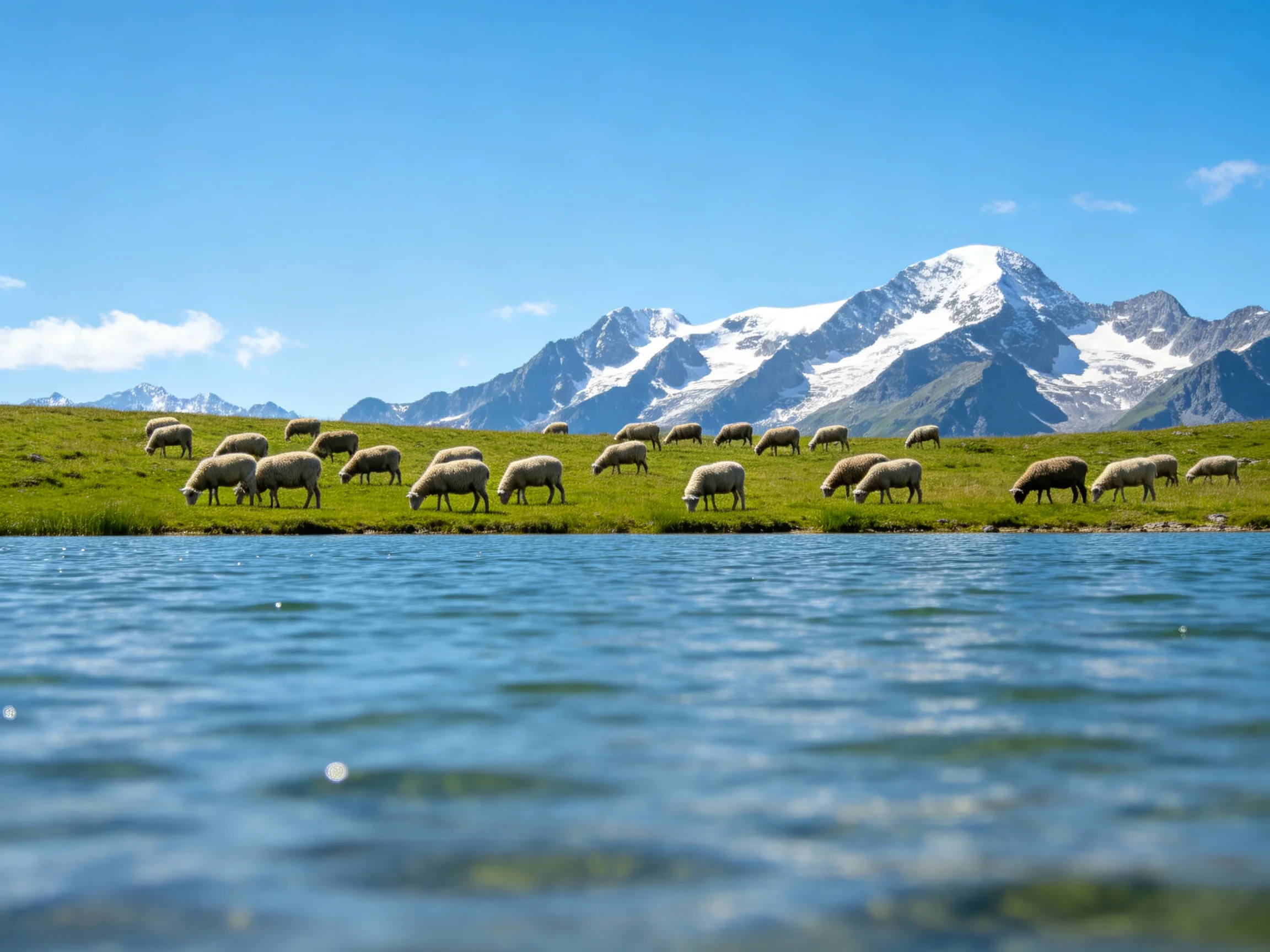 Flock of sheep grazing by a serene lake with snow-capped mountains