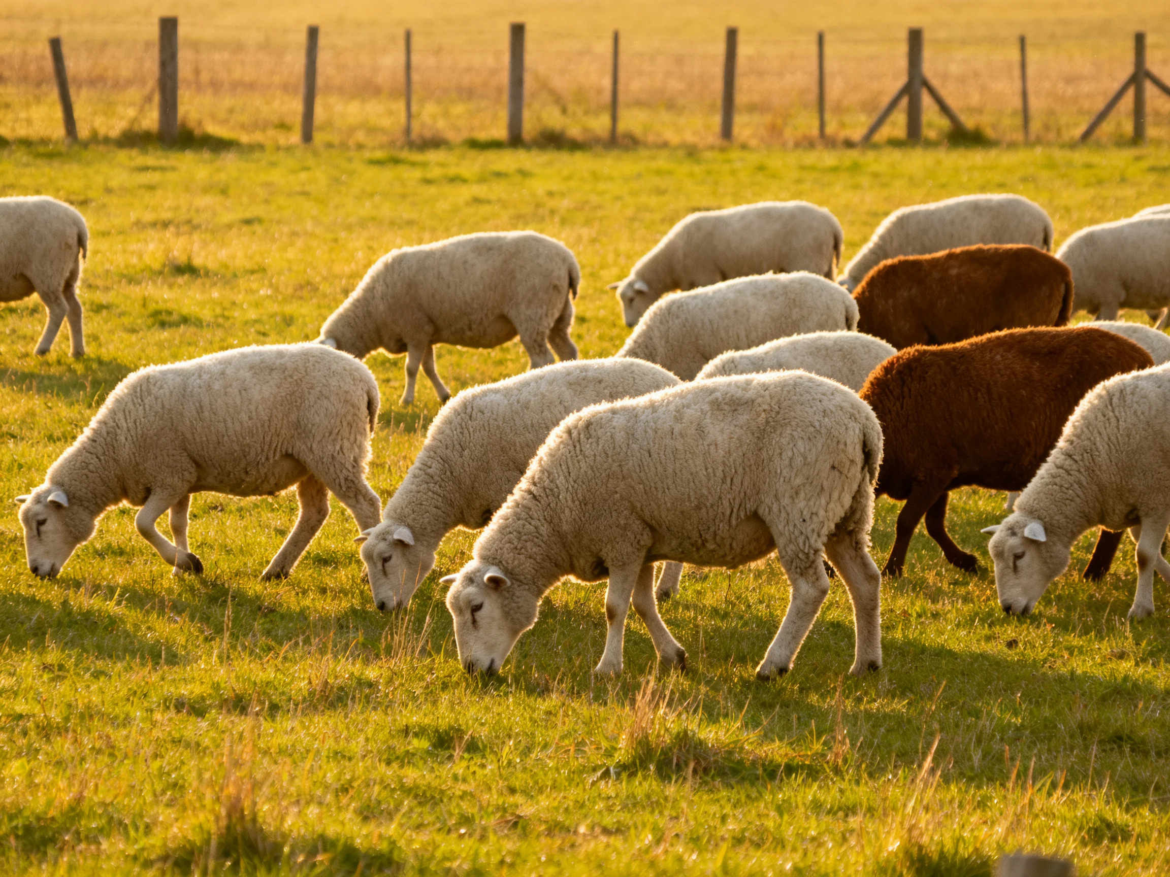 Flock of sheep grazing in a golden-hued pasture with brown lambs