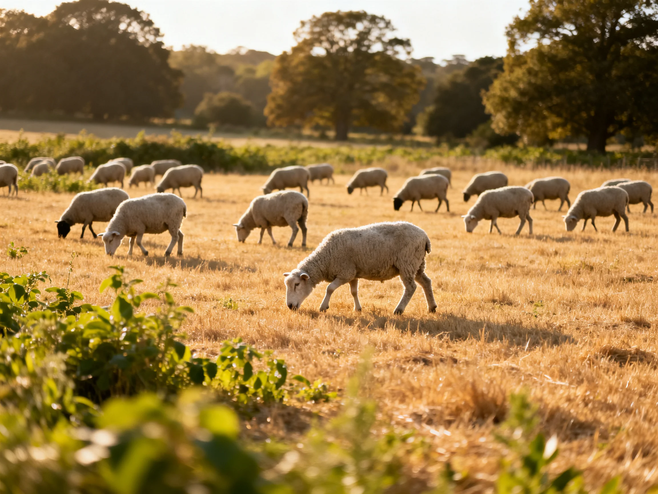 Flock of sheep grazing in a golden sunlit pasture