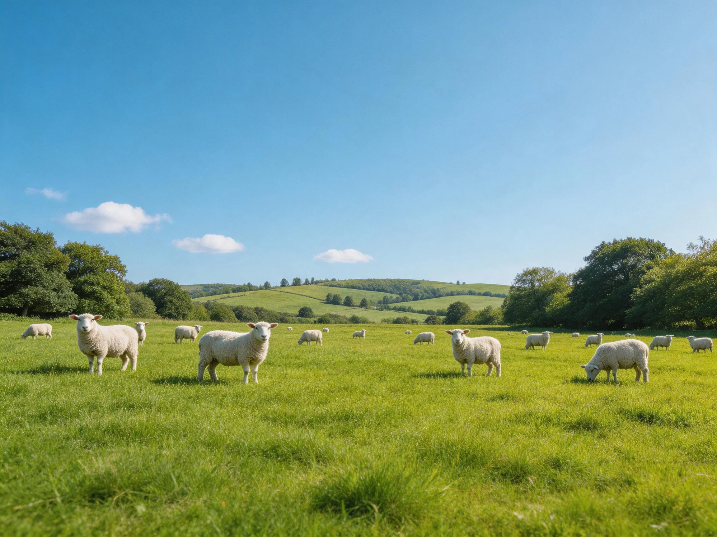 Sheep graze in a green meadow with trees and rolling hills nearby