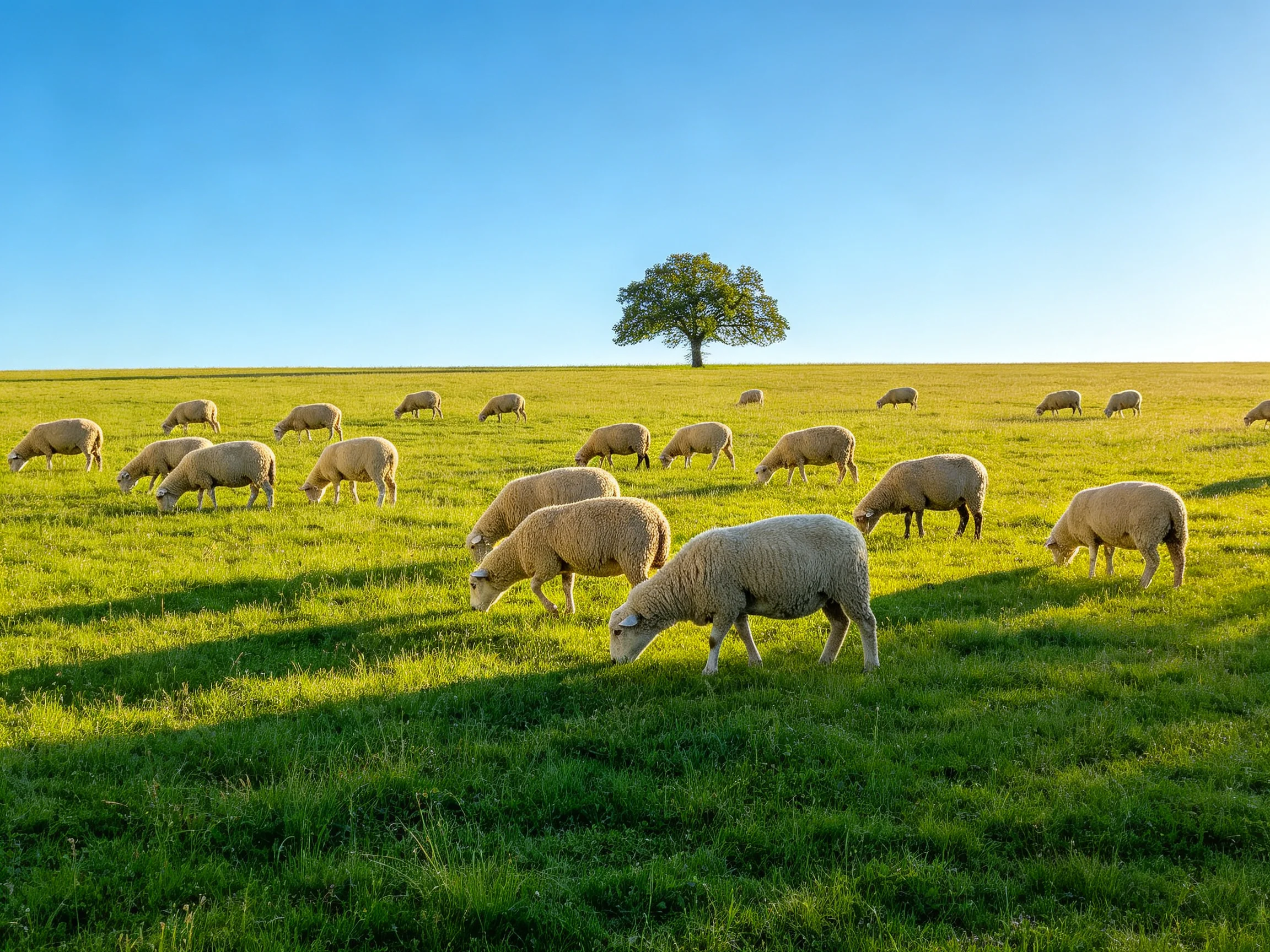 Flock of sheep grazing in a lush green meadow with a single tree