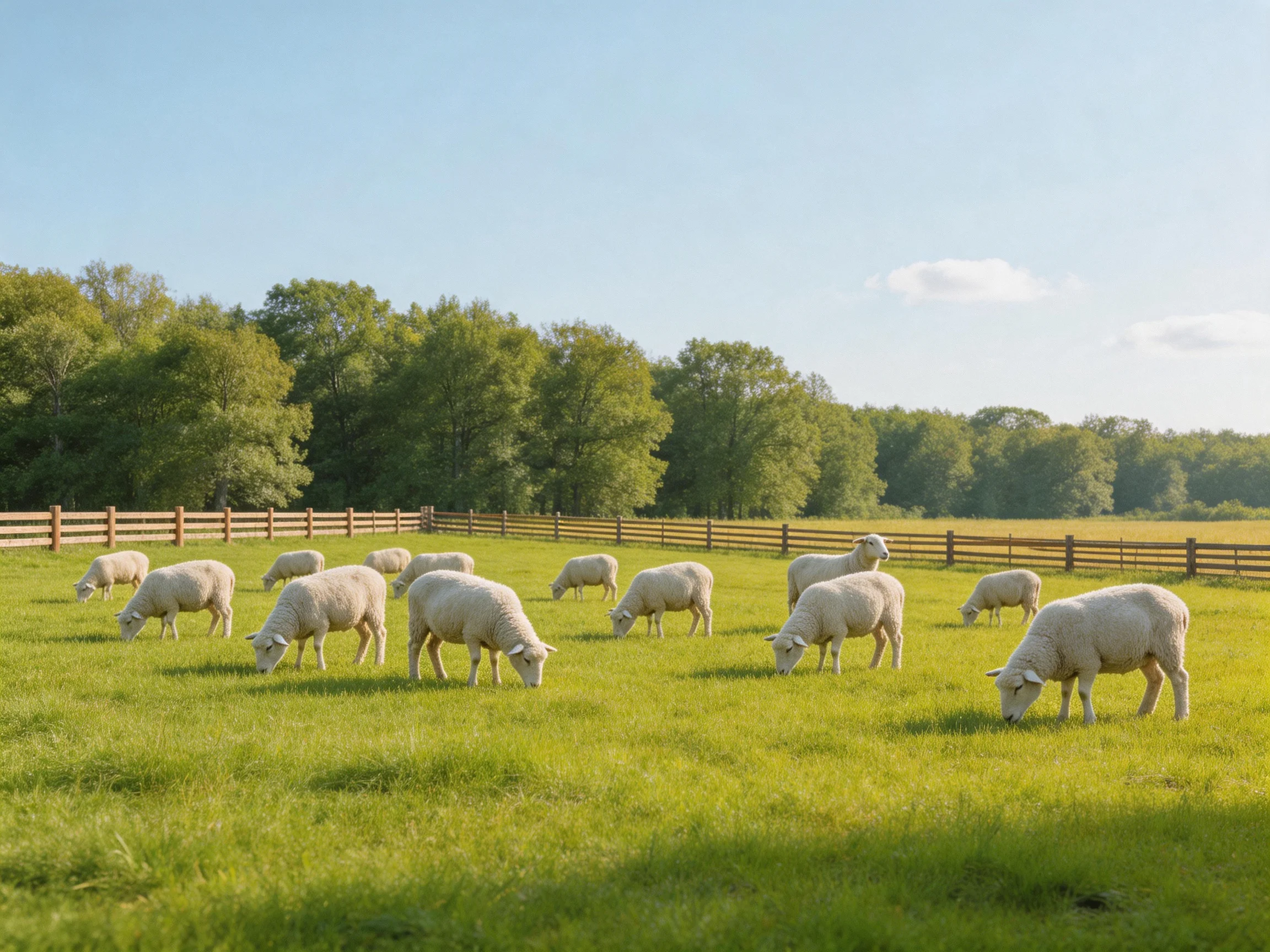 Flock of sheep grazing in a lush green pasture with wooden fence