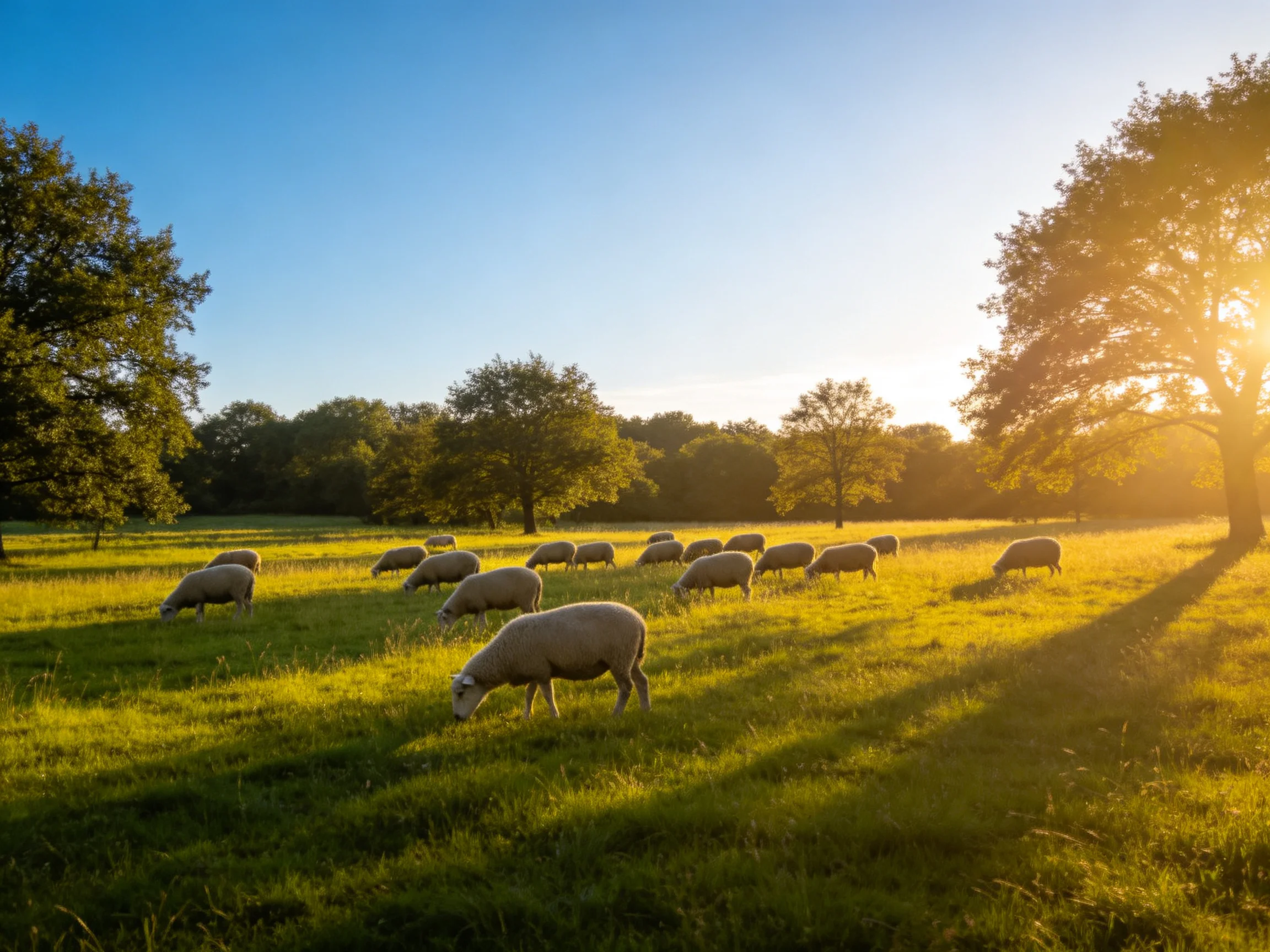 Flock of sheep grazing in a sun-drenched green pasture with tall trees