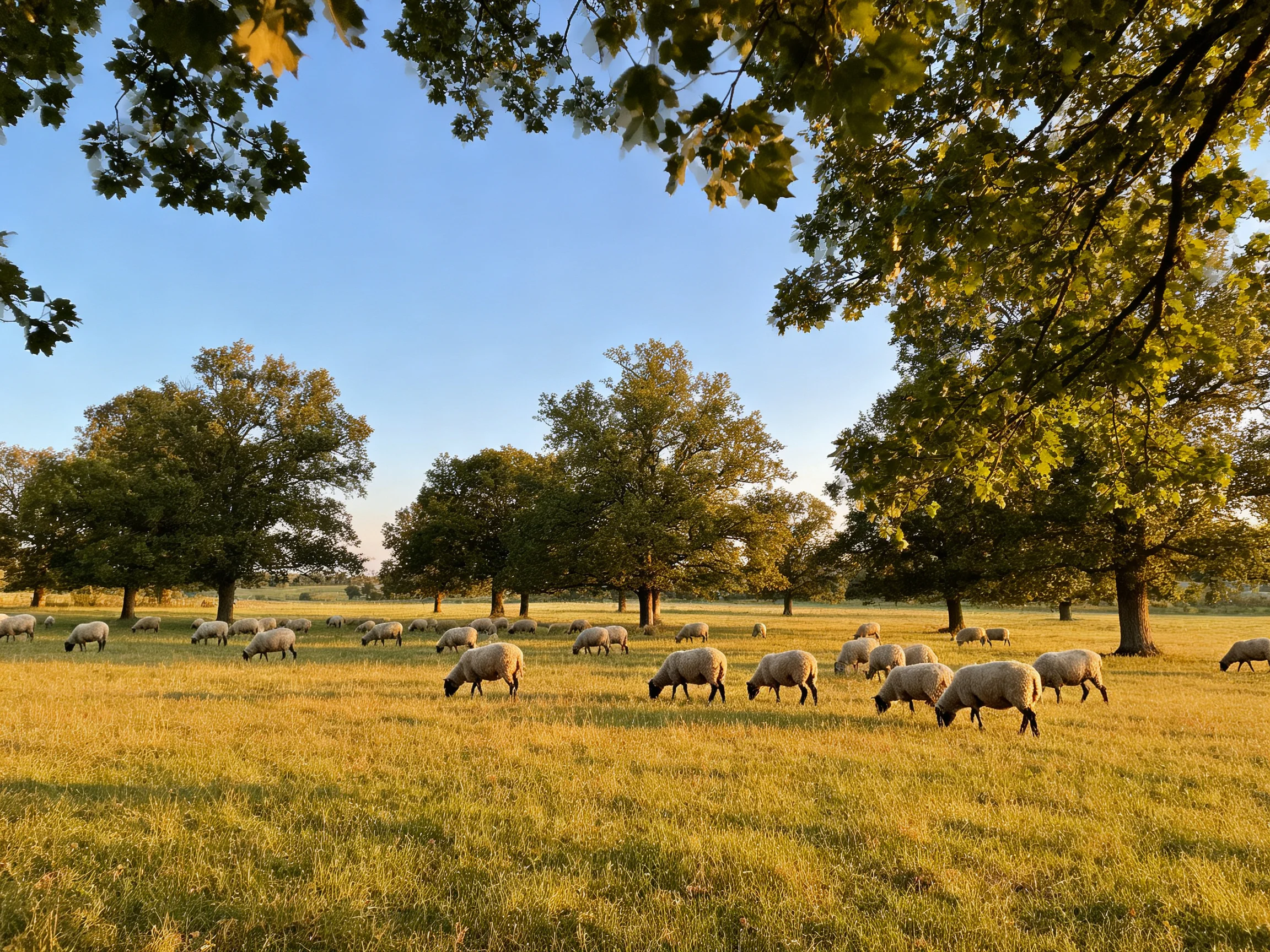 Flock of sheep grazing in a sun-drenched meadow with mature oak trees