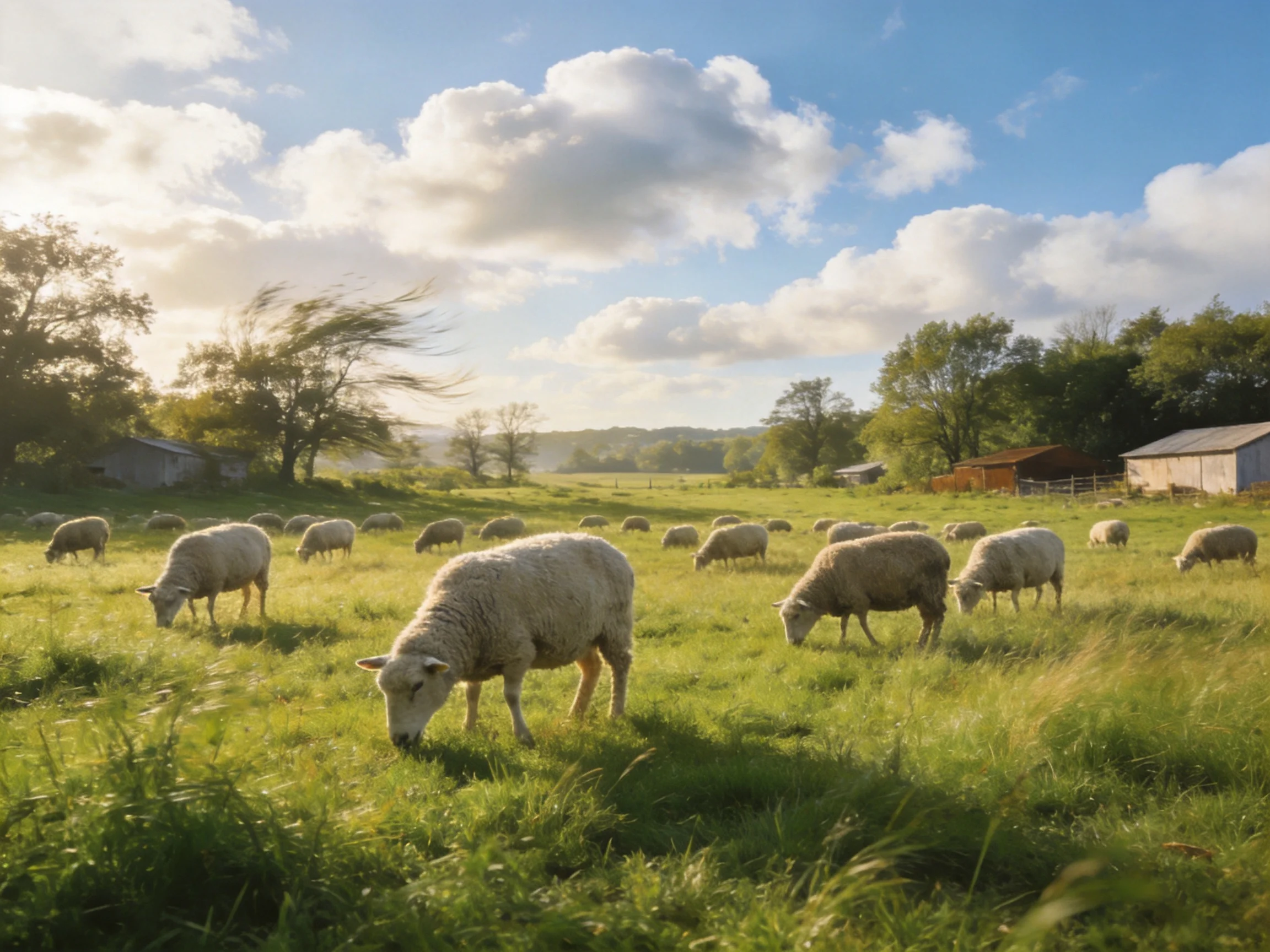 A flock of sheep grazes in a sunlit green pasture with farm buildings nearby.