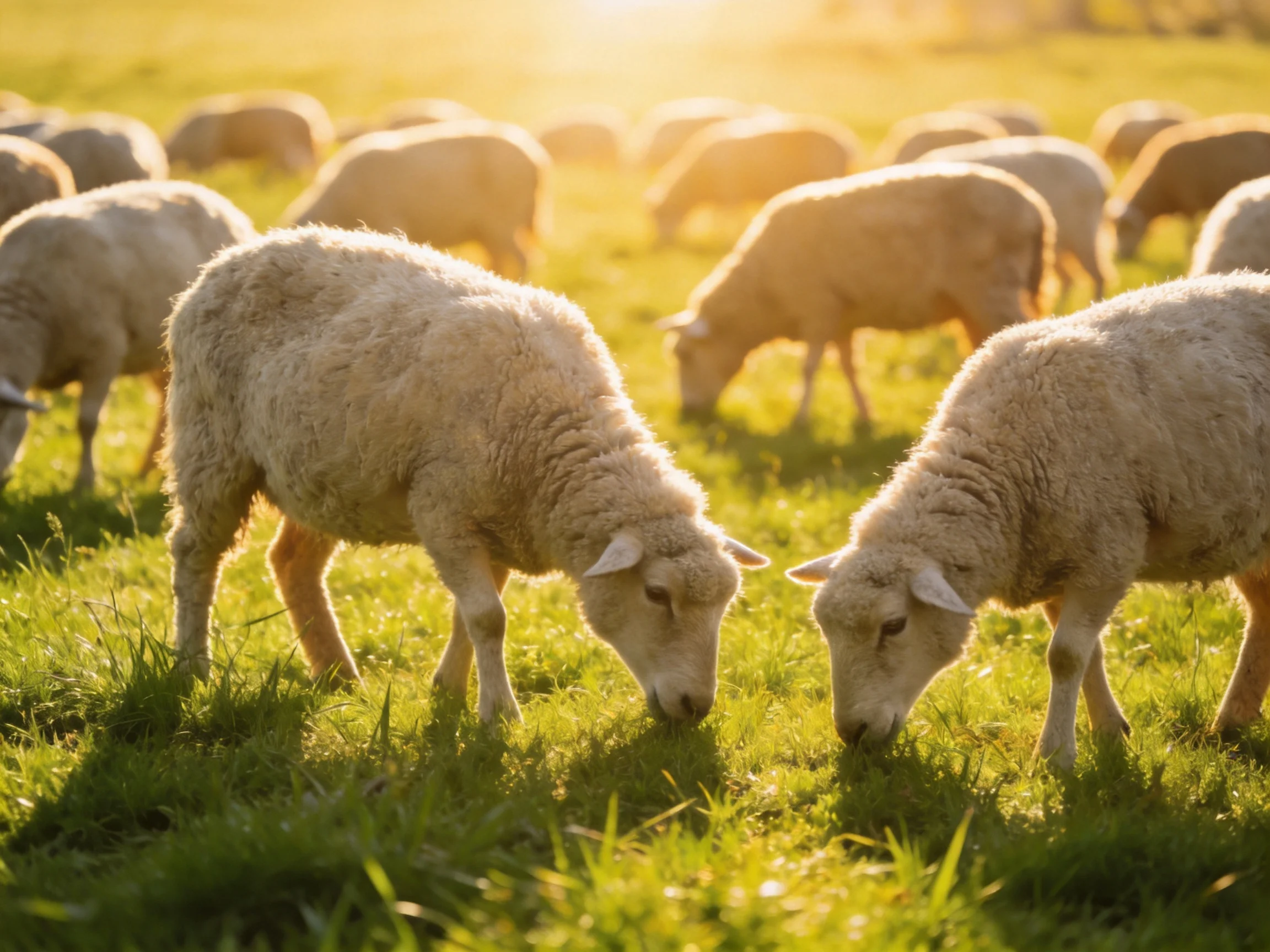 Many sheep graze in a sunlit green pasture.
