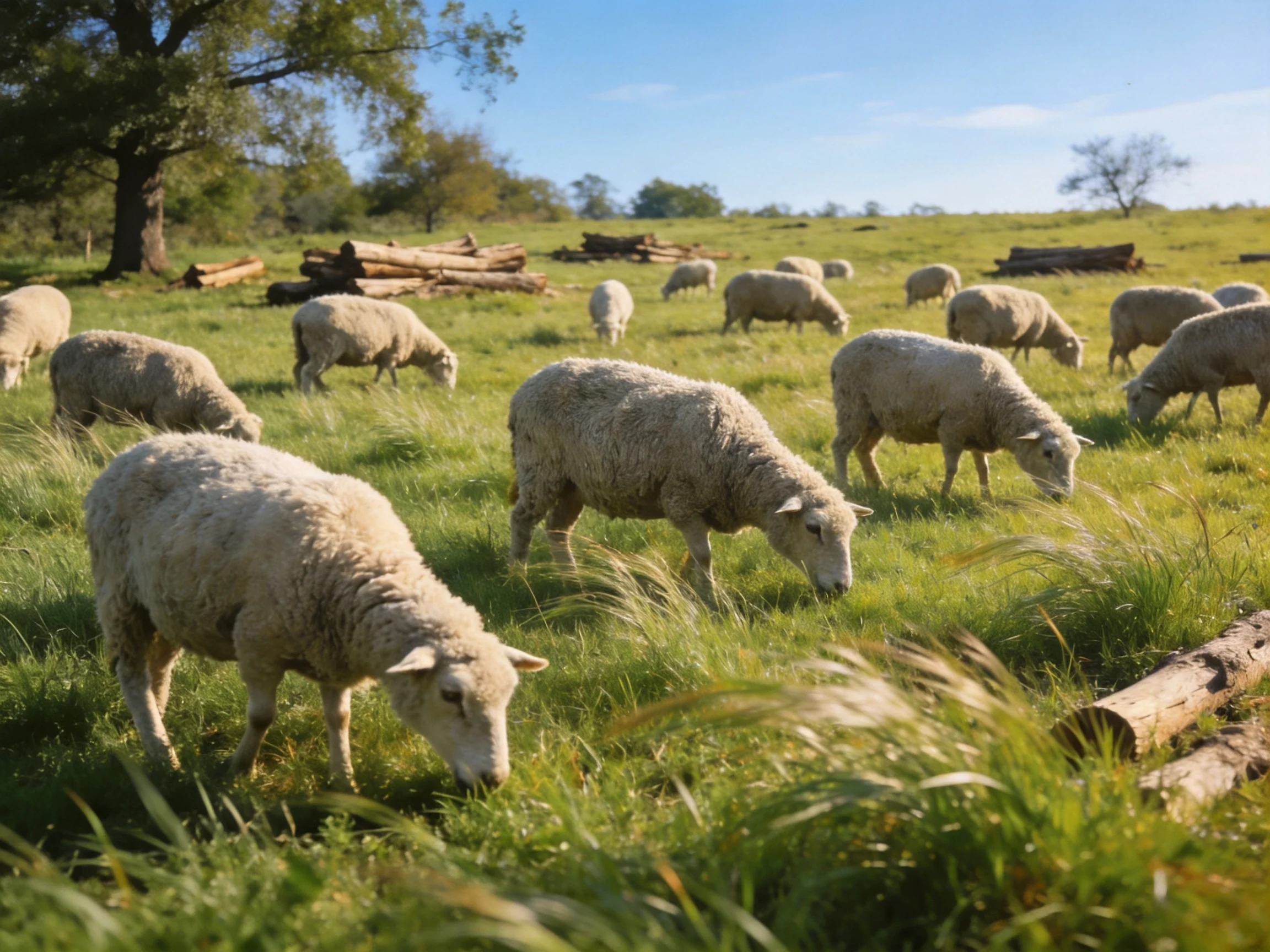 Flock of sheep grazing in a sunlit green pasture with scattered logs