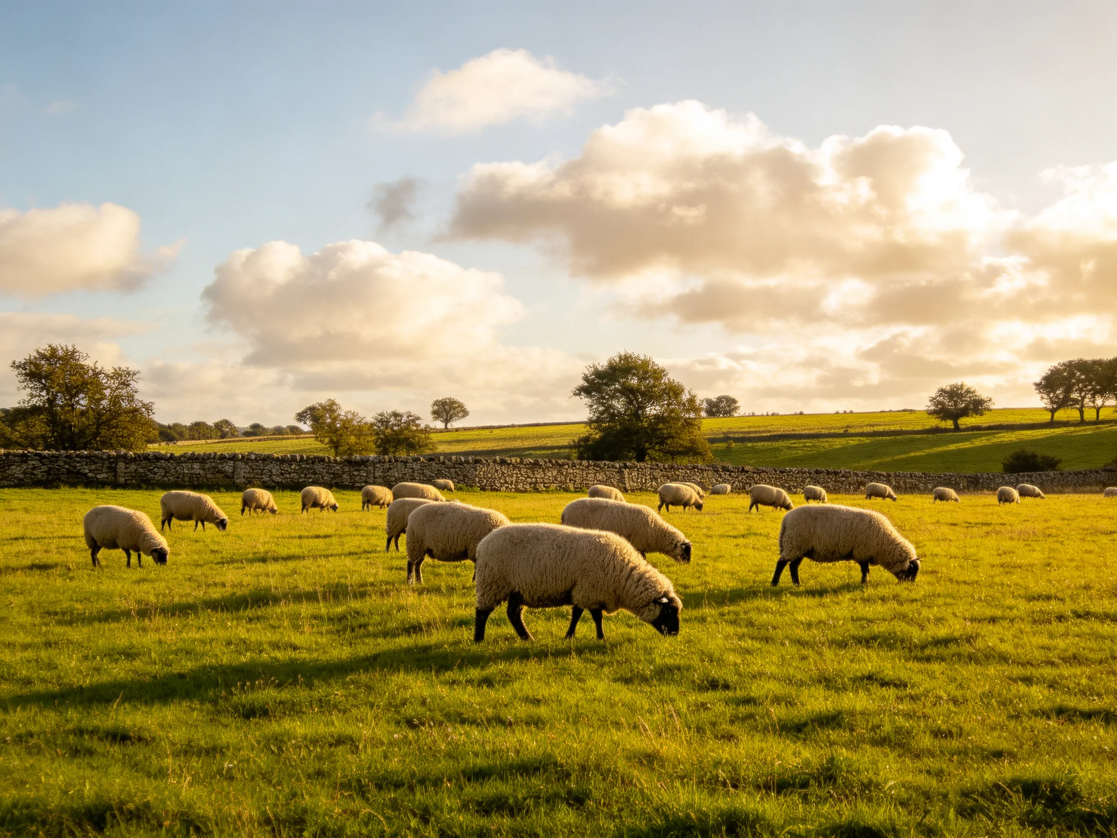 Sheep graze in a sunlit green pasture bordered by stone walls and trees.