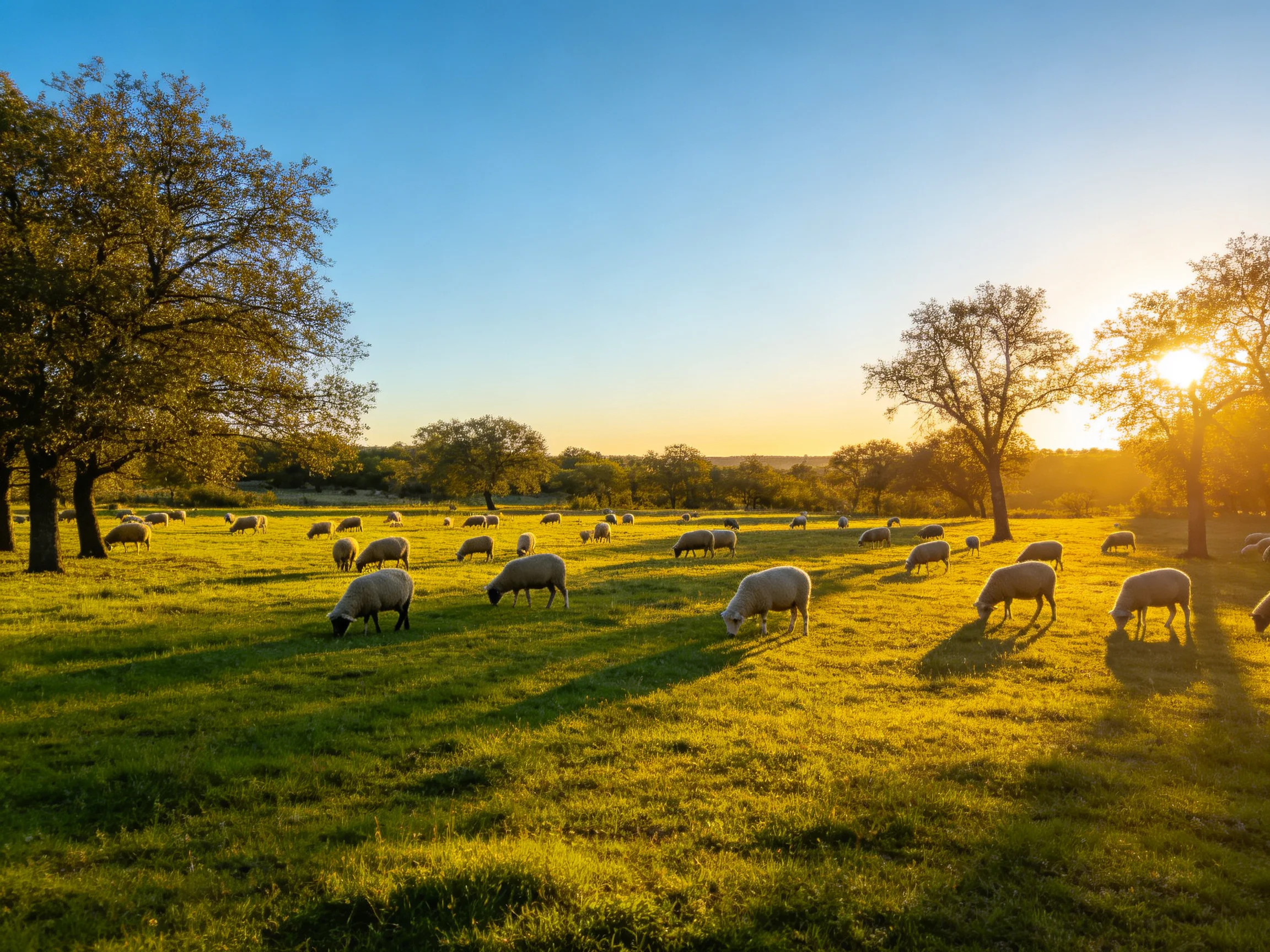 Flock of sheep grazing in a sunlit green pasture with trees