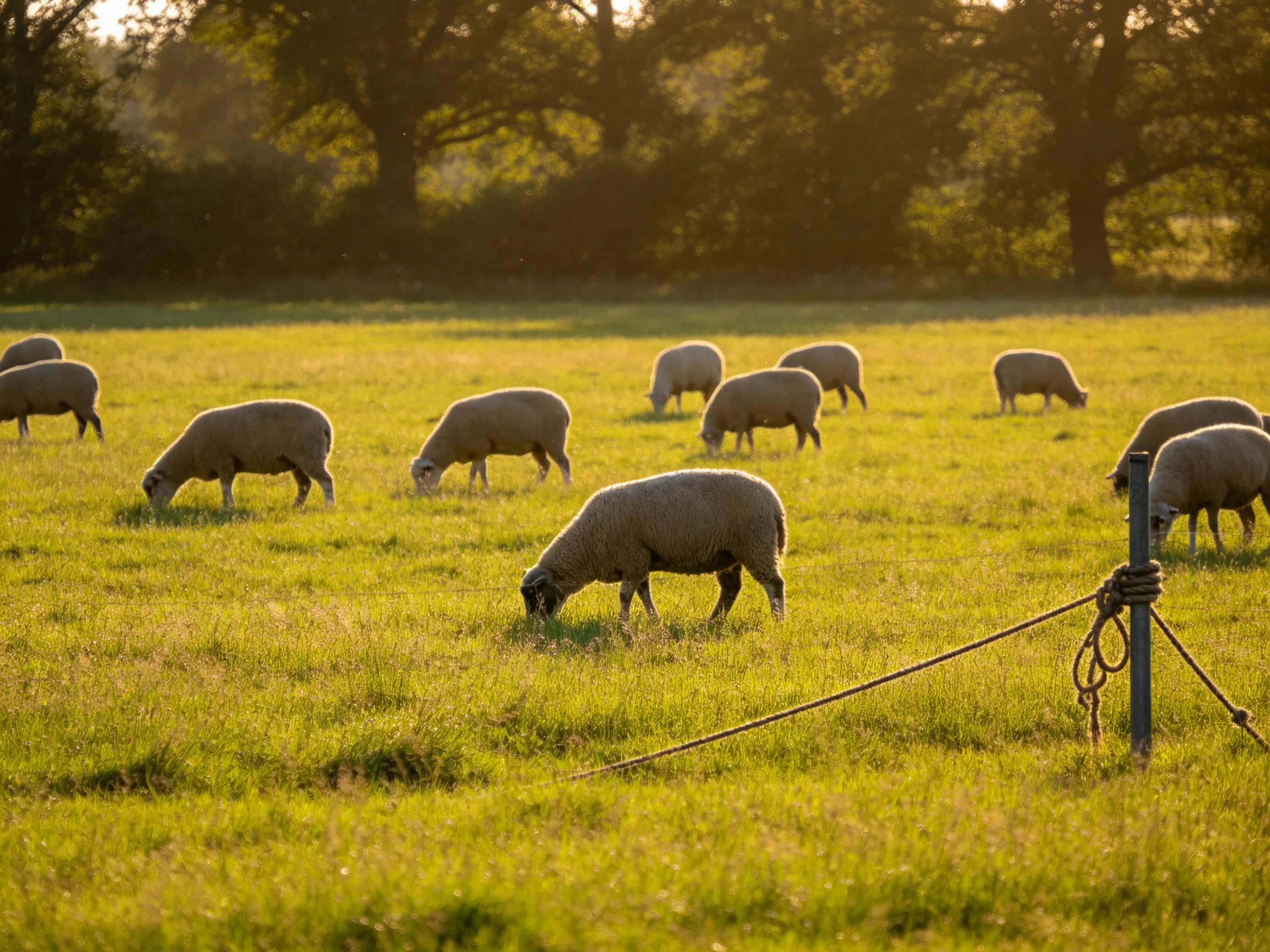 Sheep graze calmly in a sunlit pasture bordered by trees.