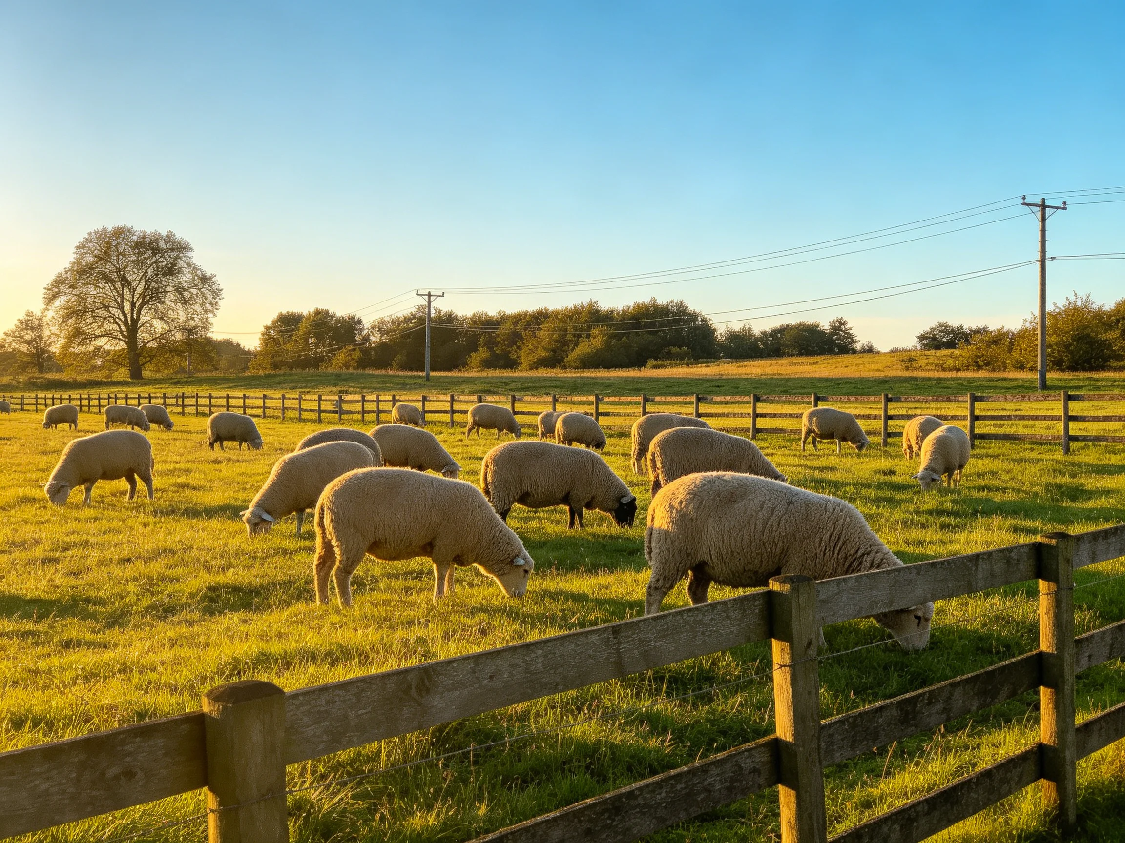 Flock of sheep grazing in a sunlit green pasture