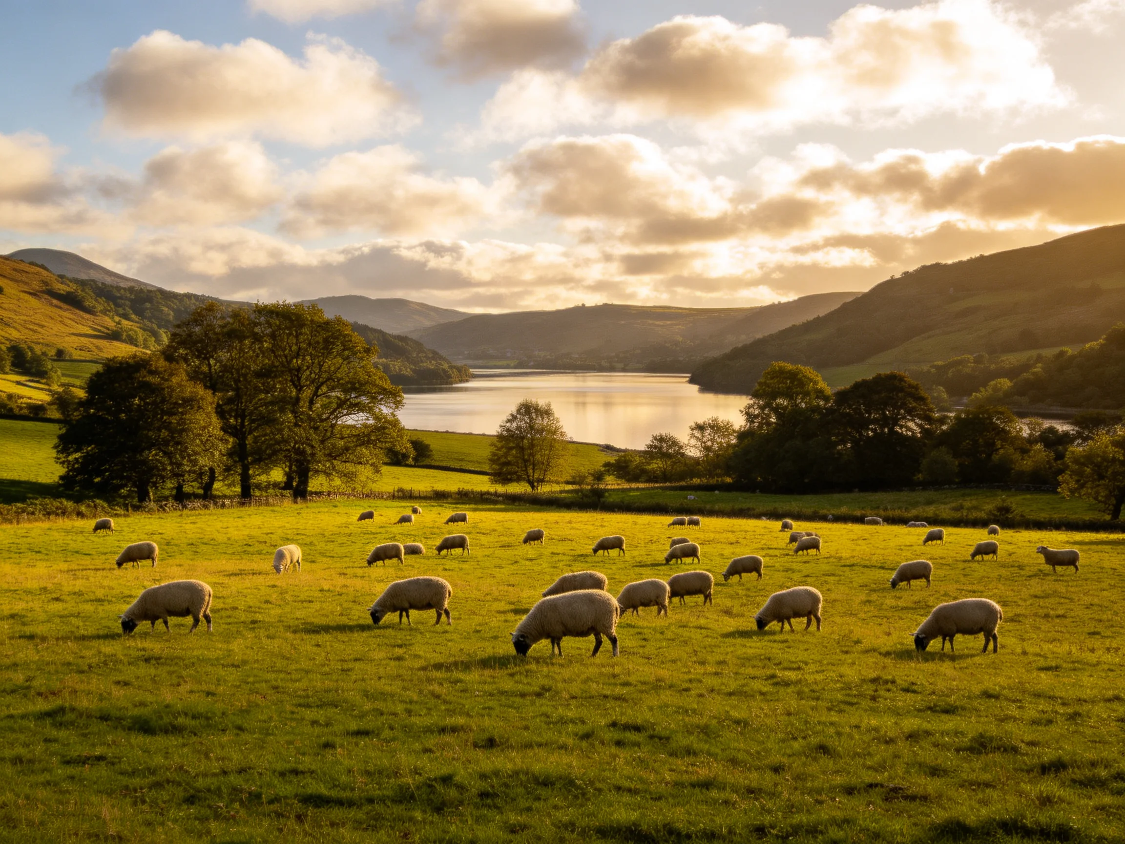 Flock of sheep grazing in a sunlit meadow by a lake
