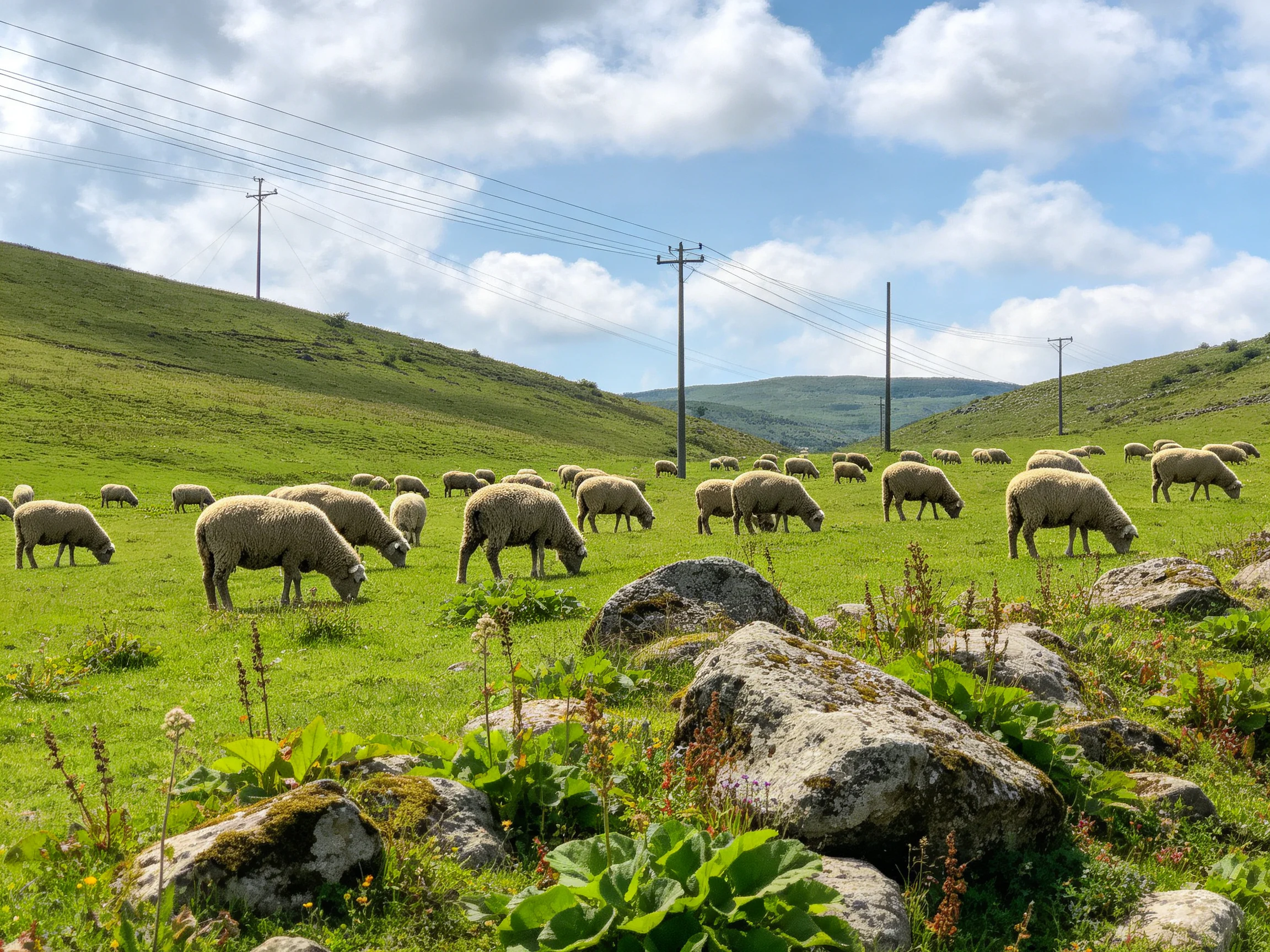 Flock of sheep grazing in a verdant meadow