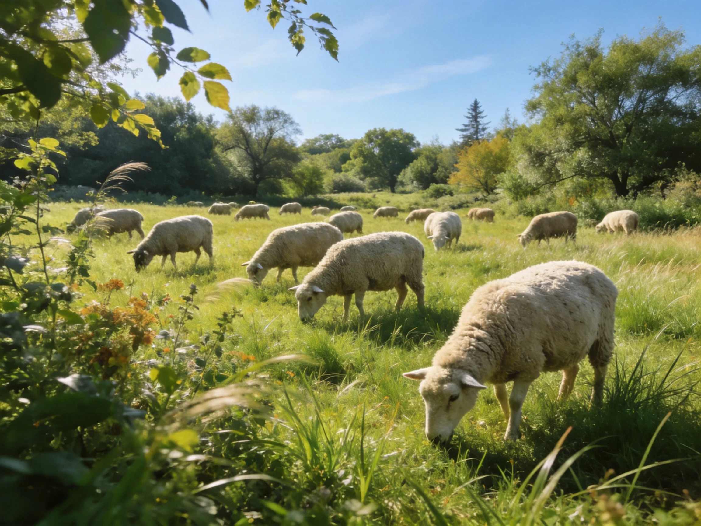 Flock of sheep grazing in a verdant meadow with trees