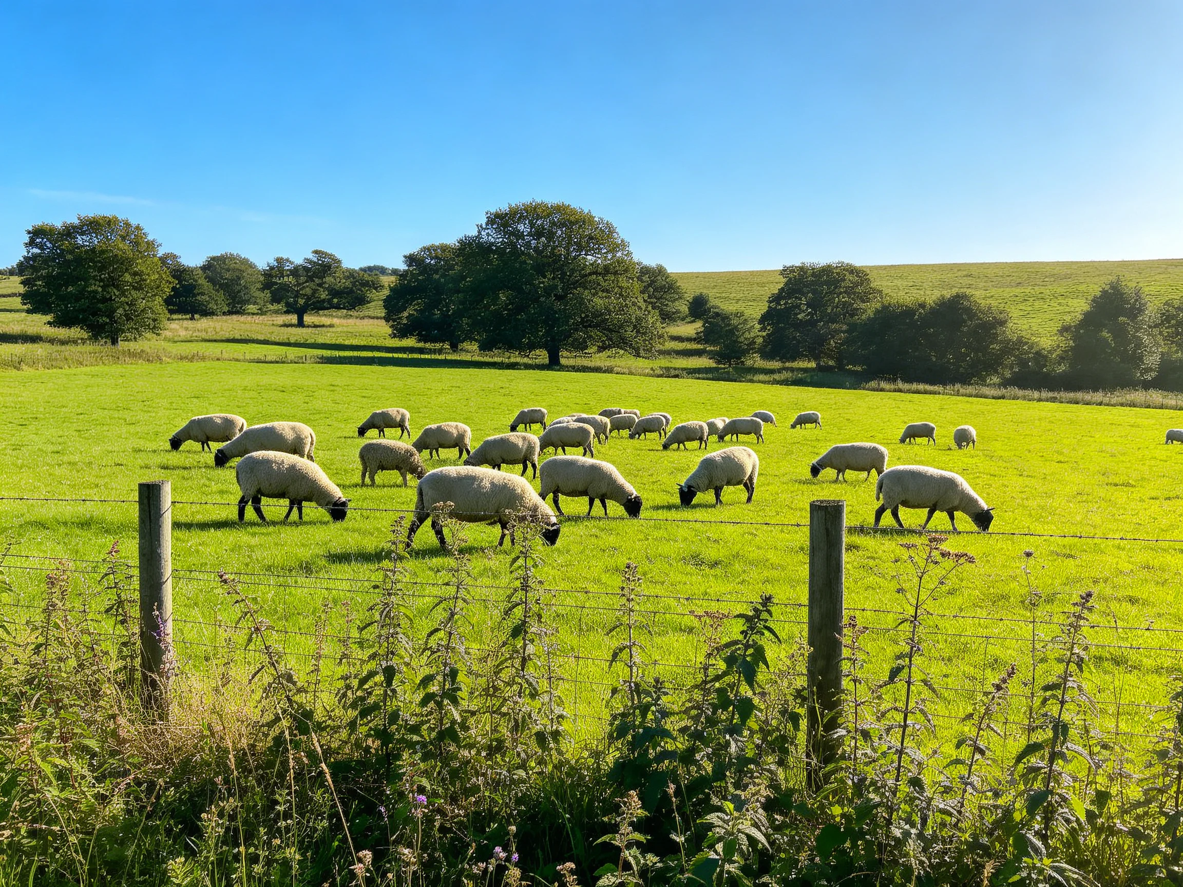 Flock of sheep grazing in a verdant pasture under clear blue sky