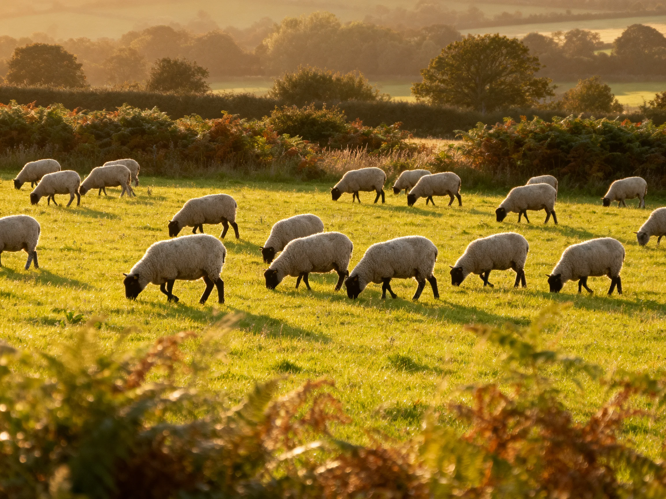 Flock of sheep grazing in sun-drenched green pasture with trees