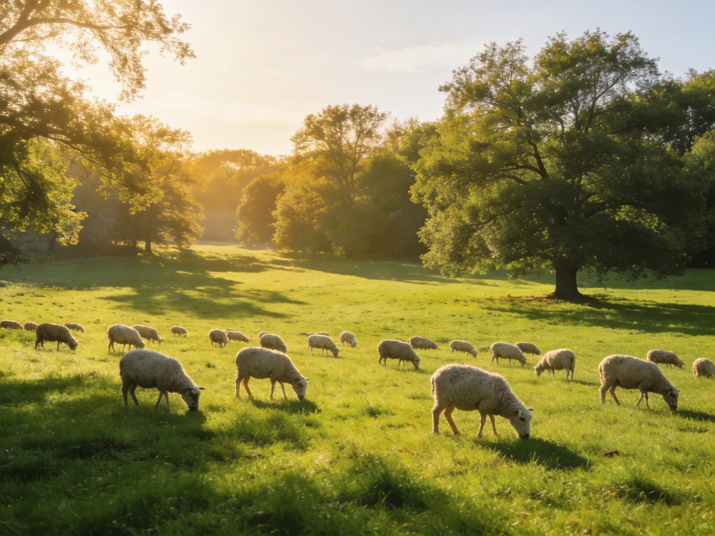 A flock of sheep grazes in a sunlit green meadow surrounded by trees.