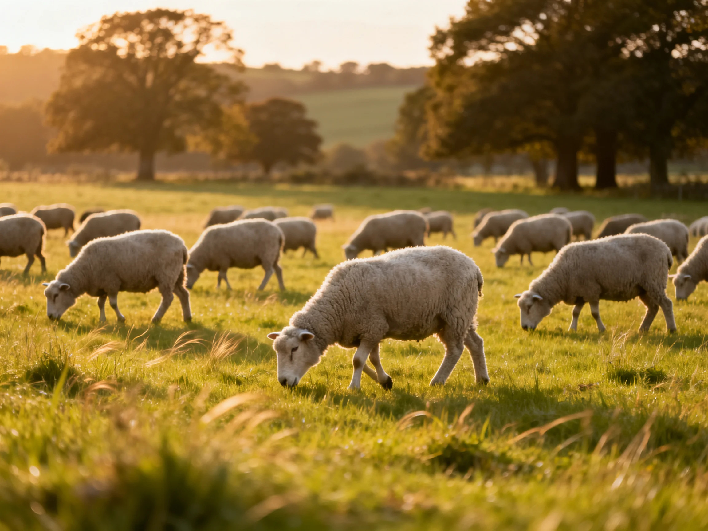Flock of sheep grazing in sunlit green pasture