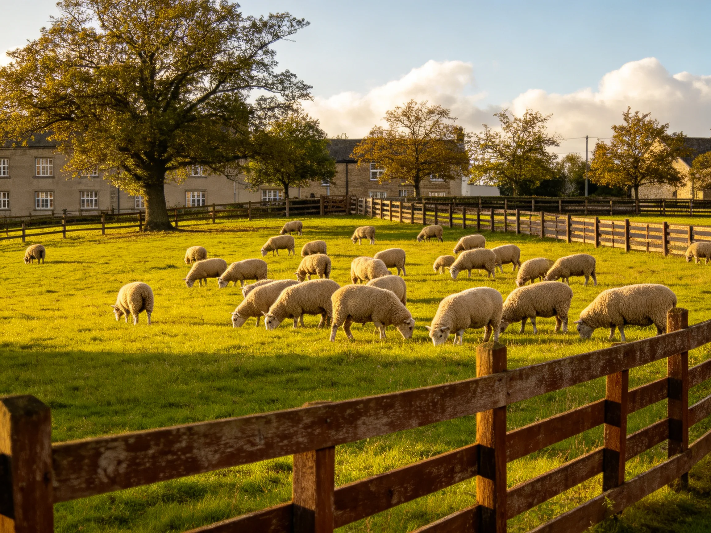Sheep graze in a sunlit pasture near stone buildings and wooden fences.