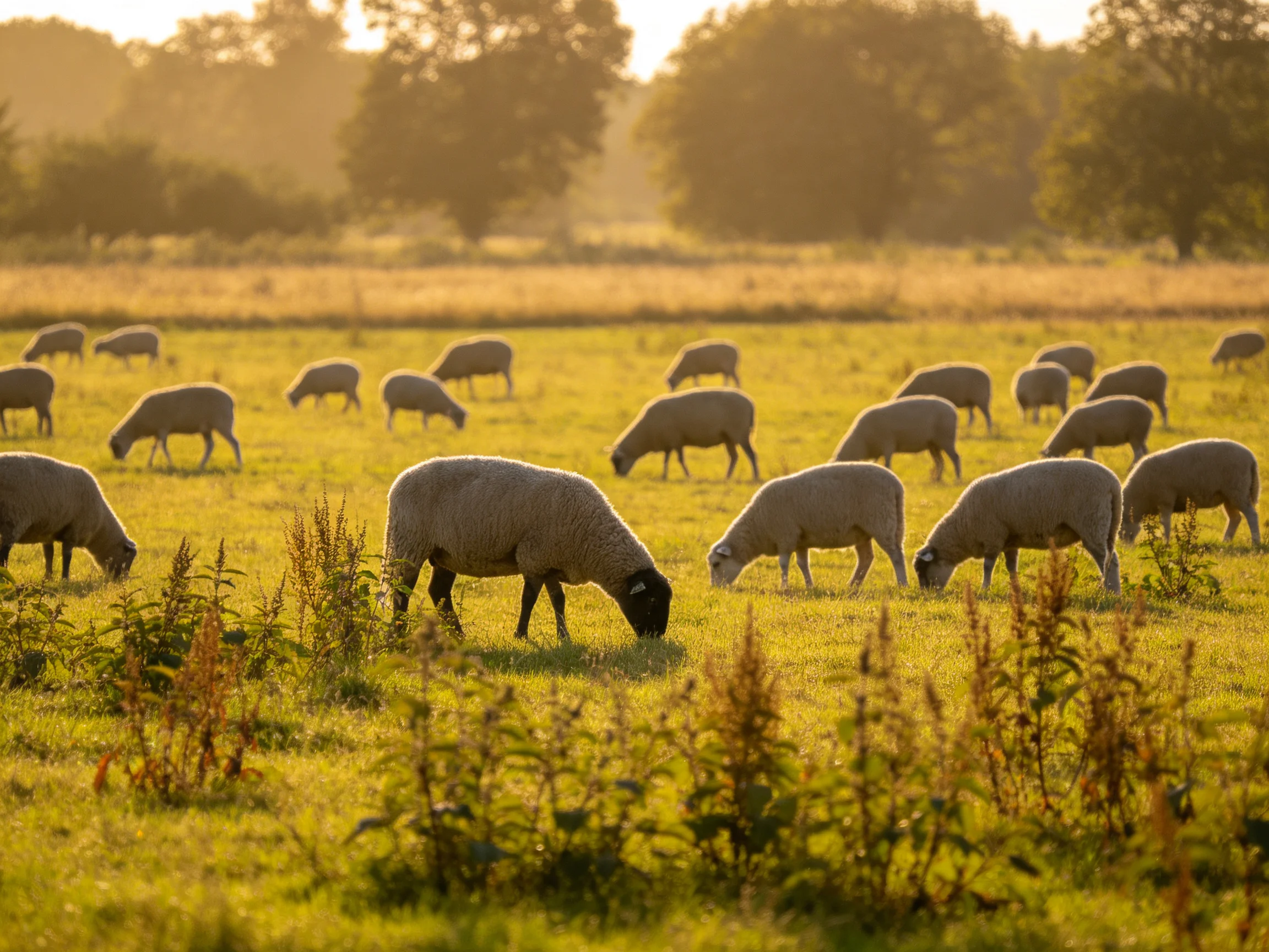 Flock of sheep grazing in sunlit green pasture with trees