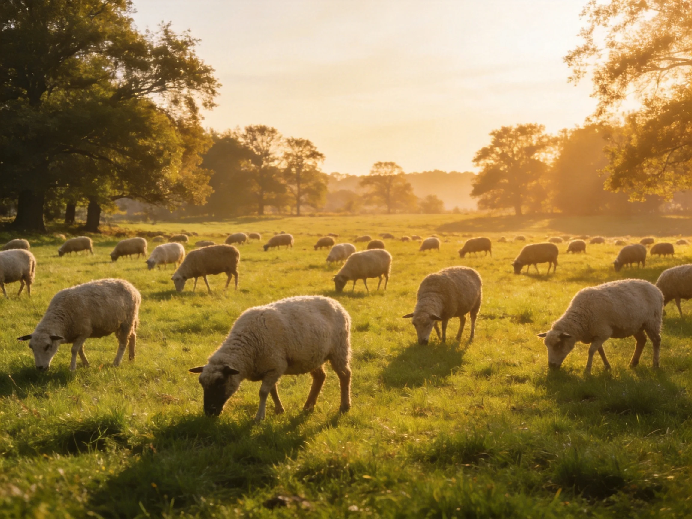 Flock of sheep grazing in sunlit green pasture with trees