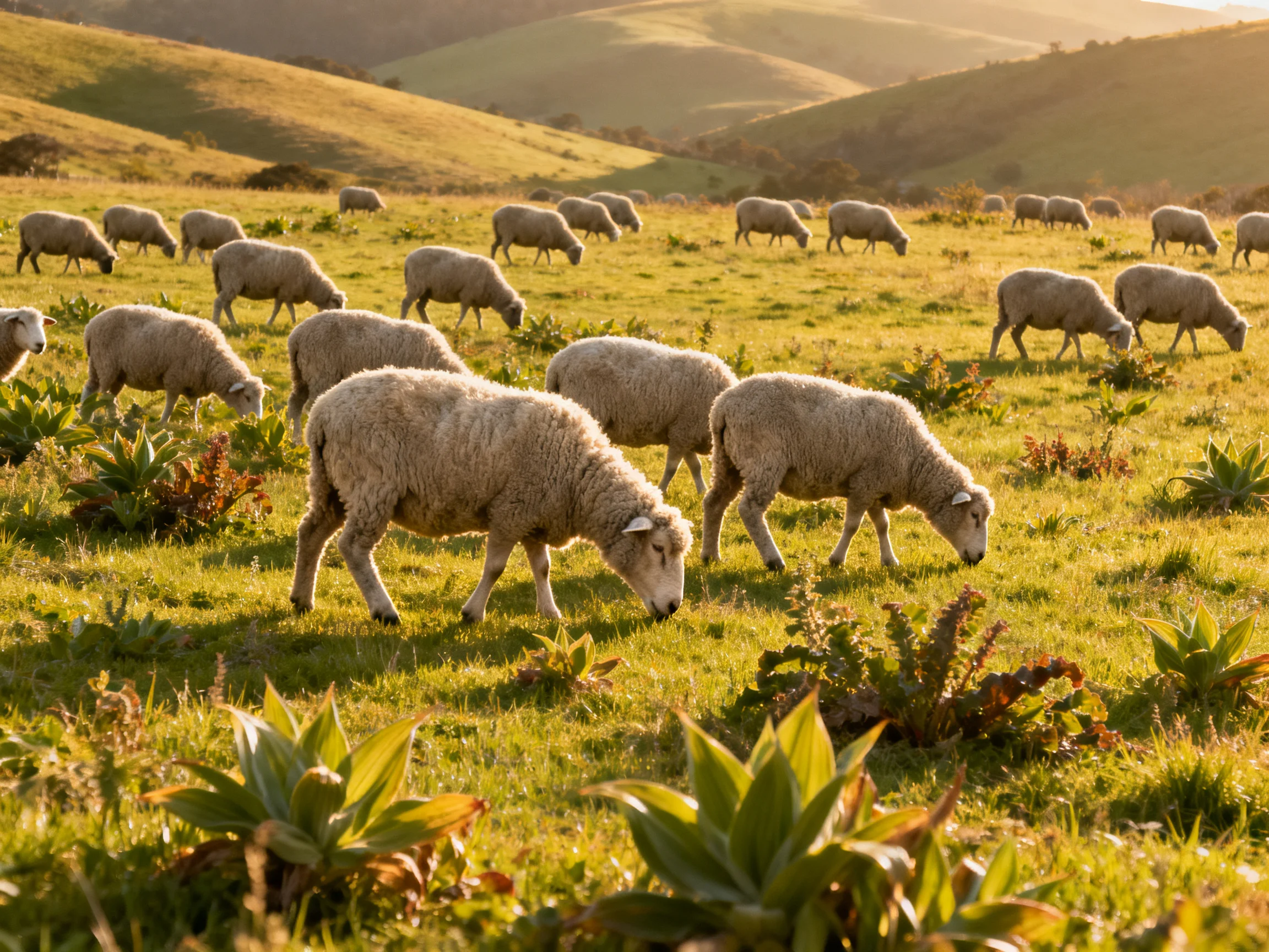 Flock of sheep grazing in sunlit rolling green pasture