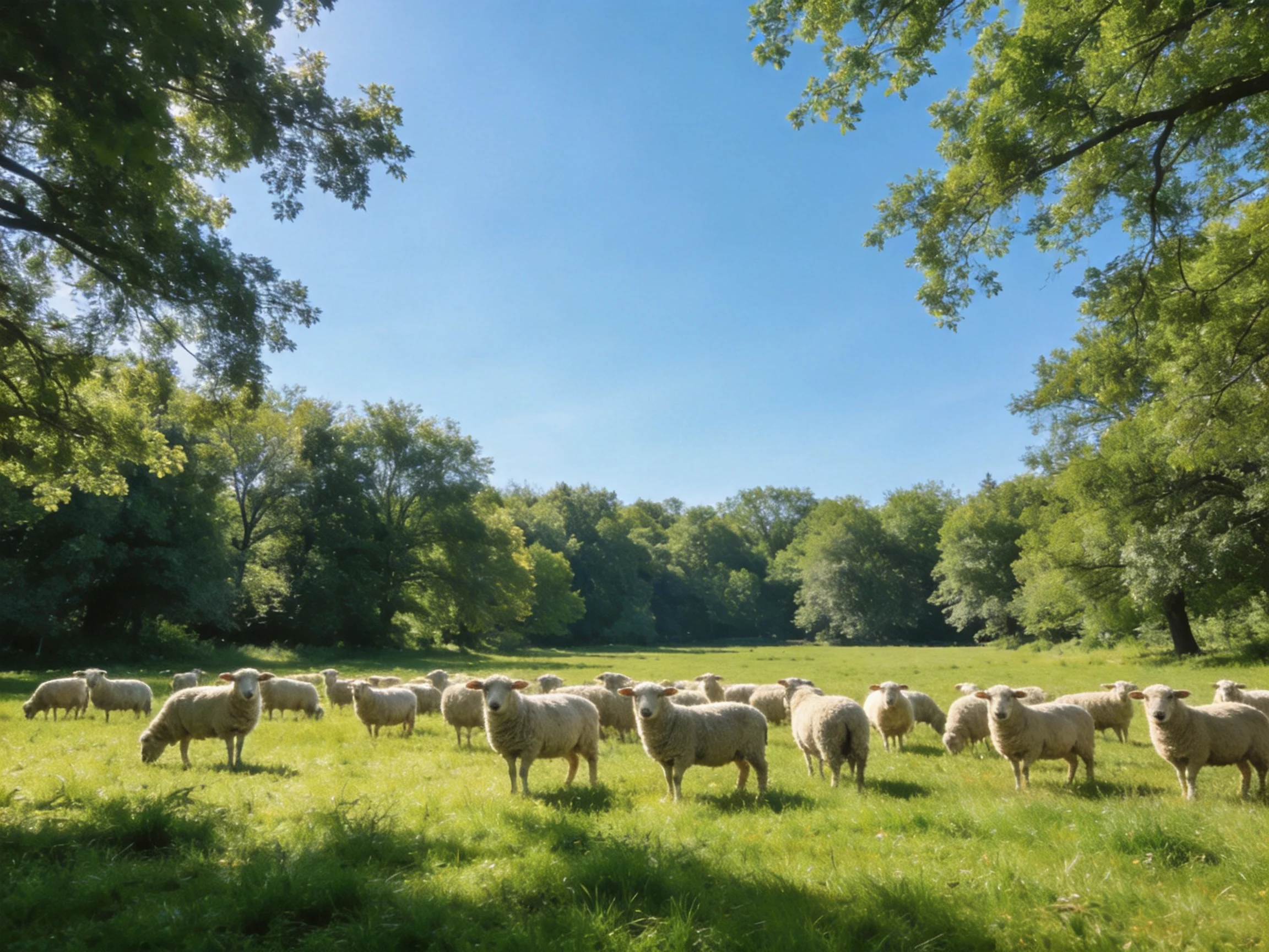 Flock of sheep grazing in sunlit, tree-lined meadow
