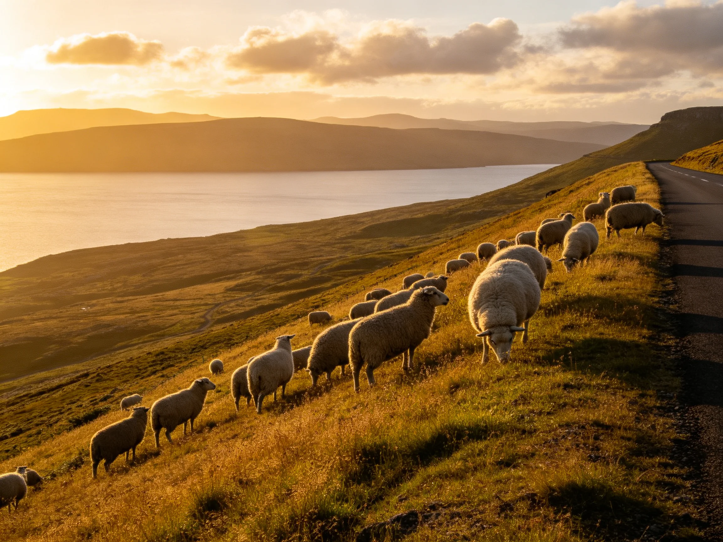 Flock of sheep grazing on a golden hillside beside a coastal road at sunset