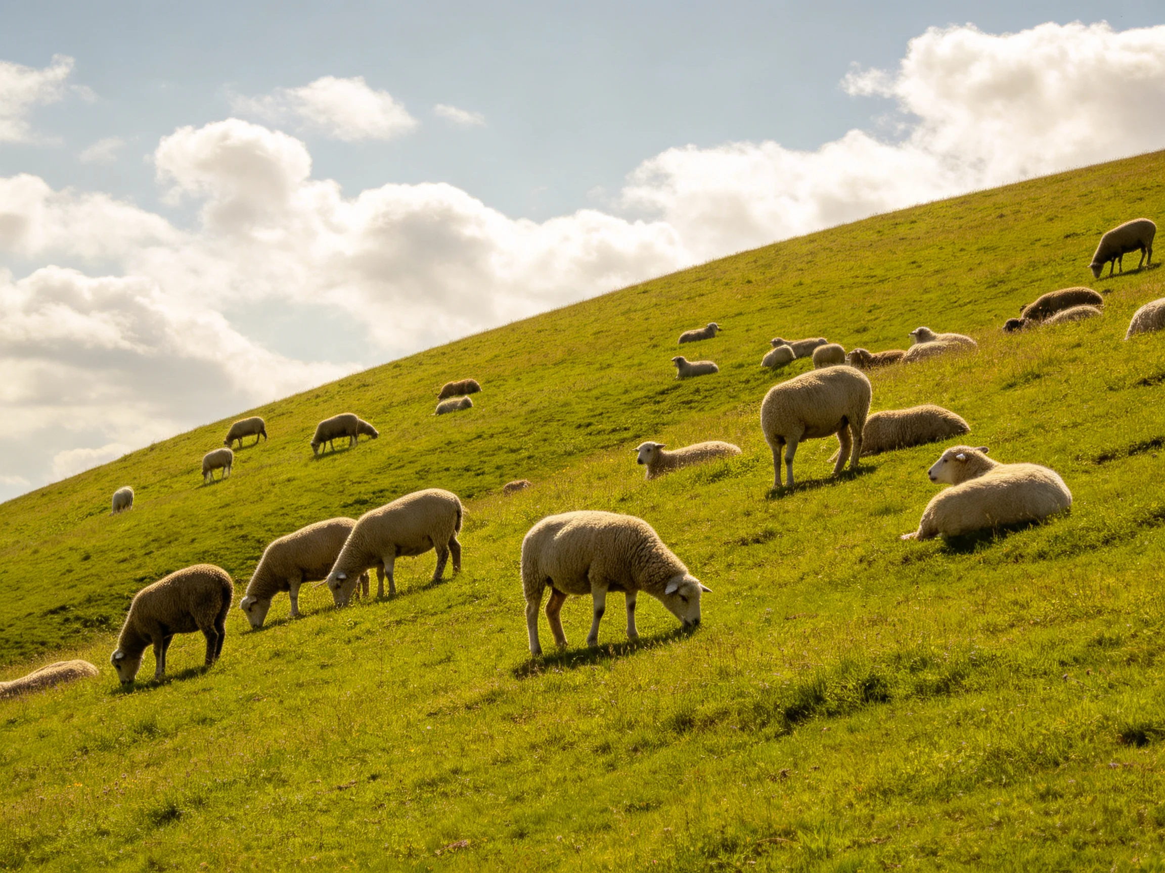 Flock of sheep grazing on a green hillside under sunny sky