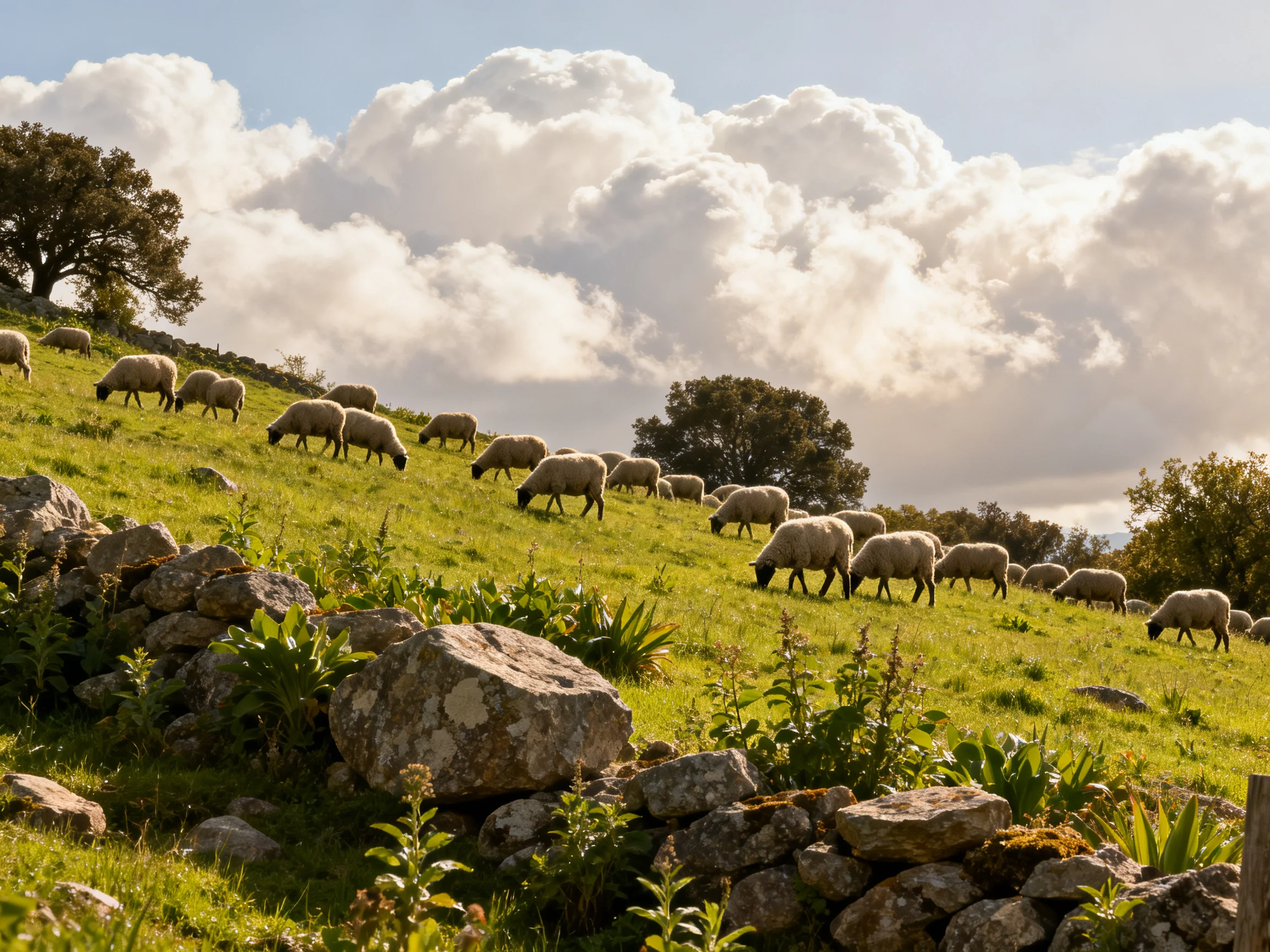 Flock of sheep grazing on a lush green hillside with stone formations and trees