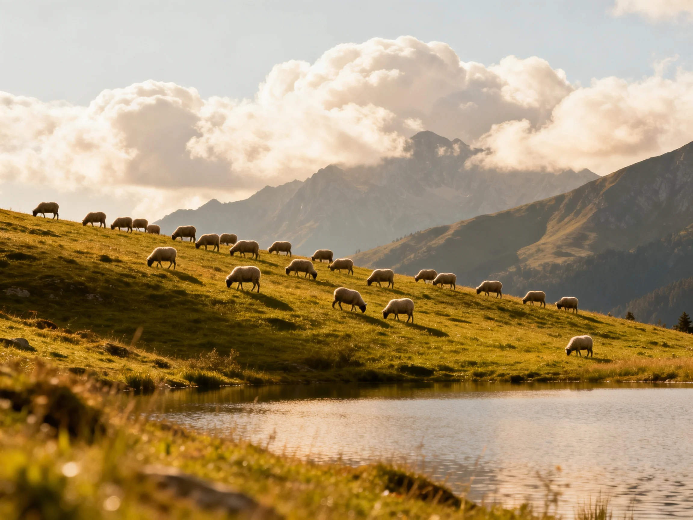 Flock of sheep grazing on a sunlit hillside near mountains