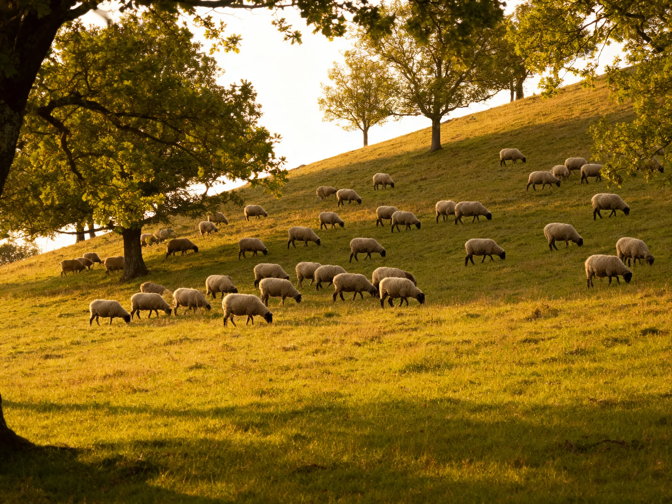 Flock of sheep grazing on a sunlit, tree-dotted grassy hill