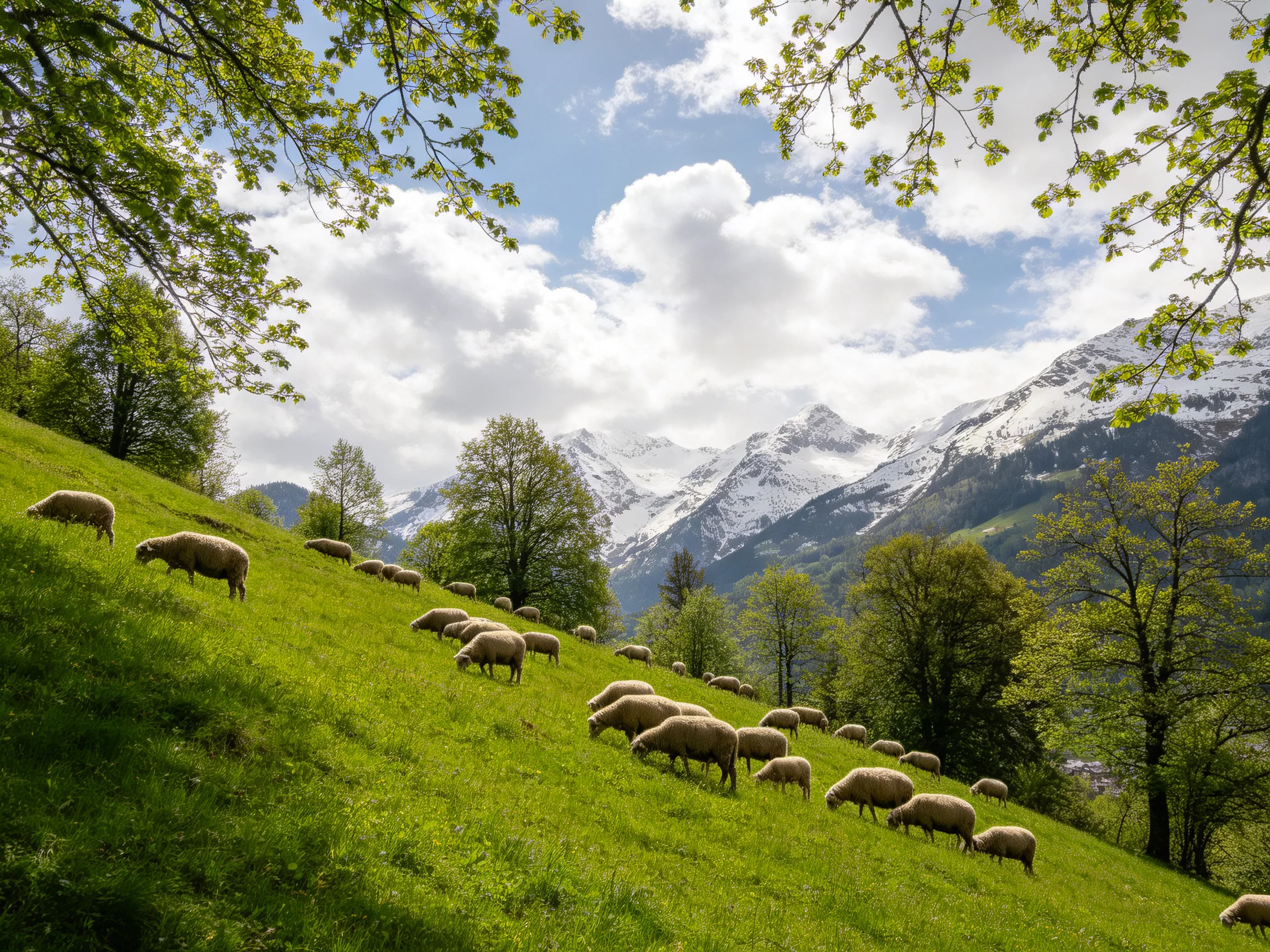 Flock of sheep grazing on a verdant hillside with snow-capped mountains