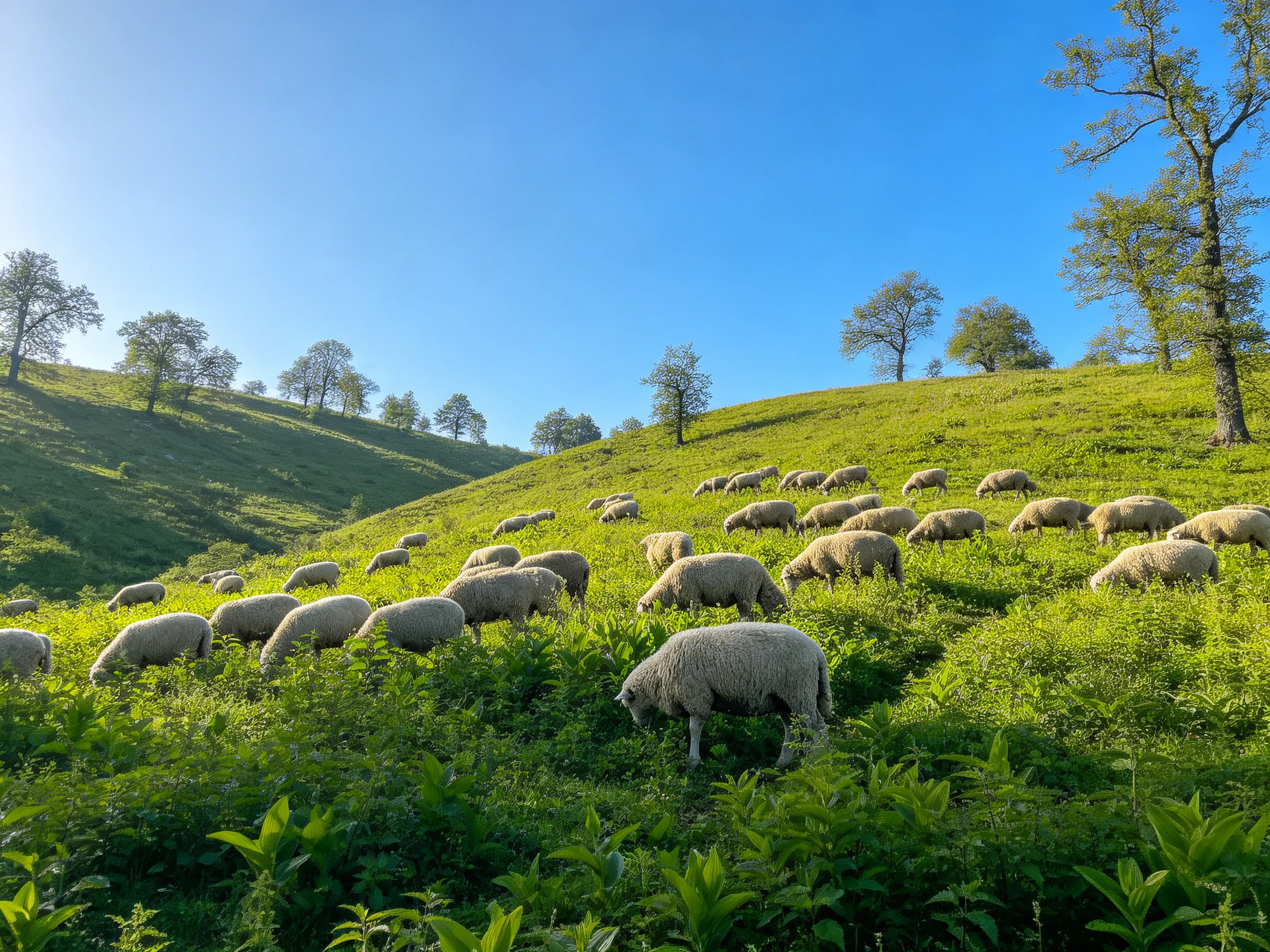 Flock of sheep grazing on lush green hills under blue sky