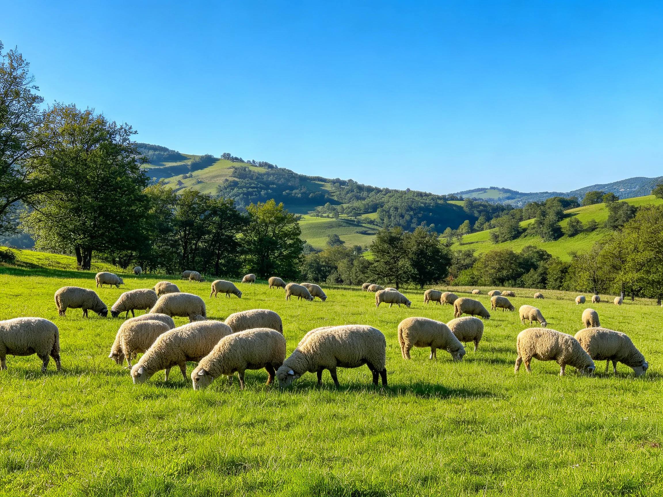 Sheep graze on a green pasture with rolling hills and trees.