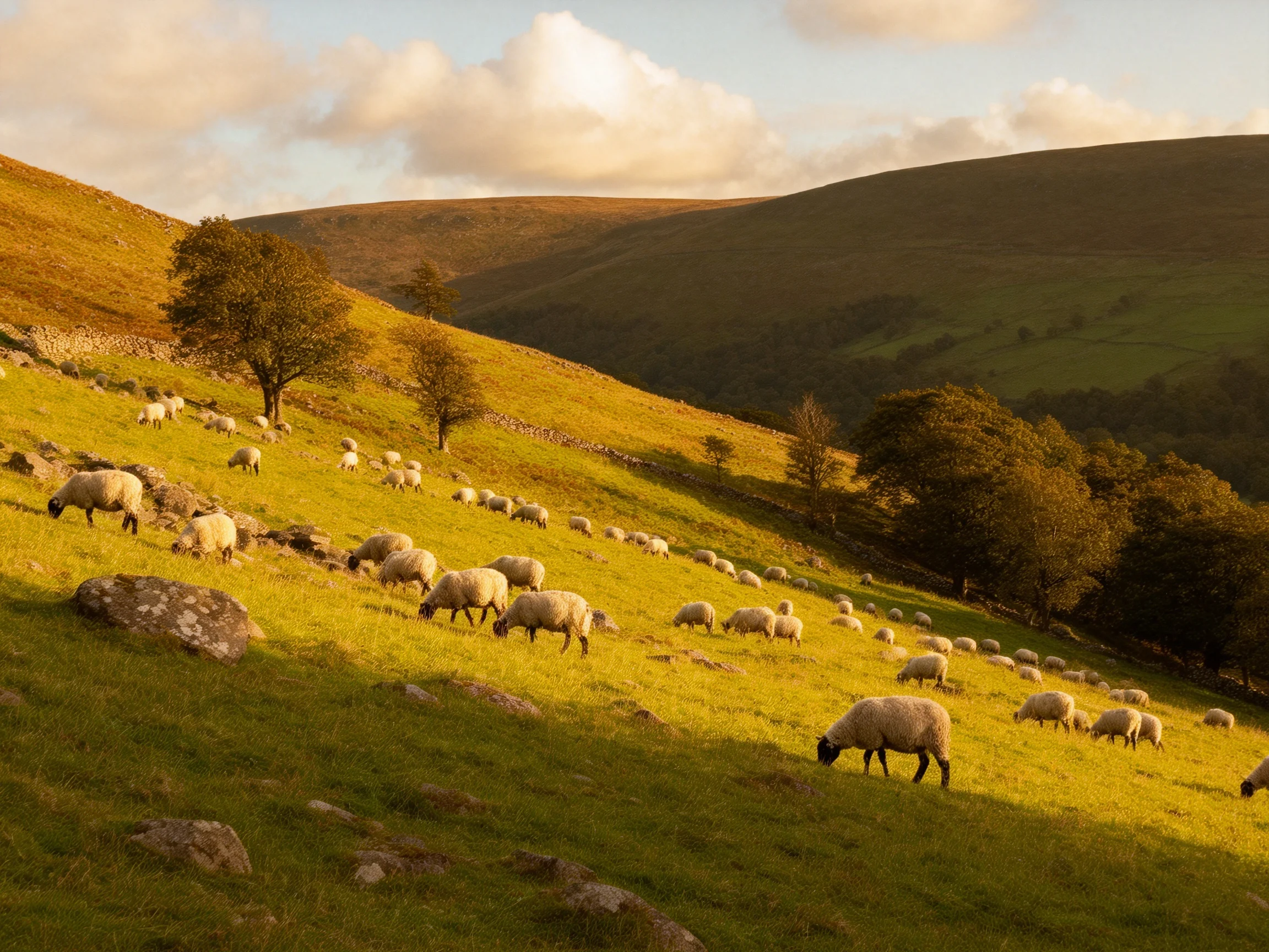 Sheep graze on sunlit rolling green hills in a serene countryside setting.