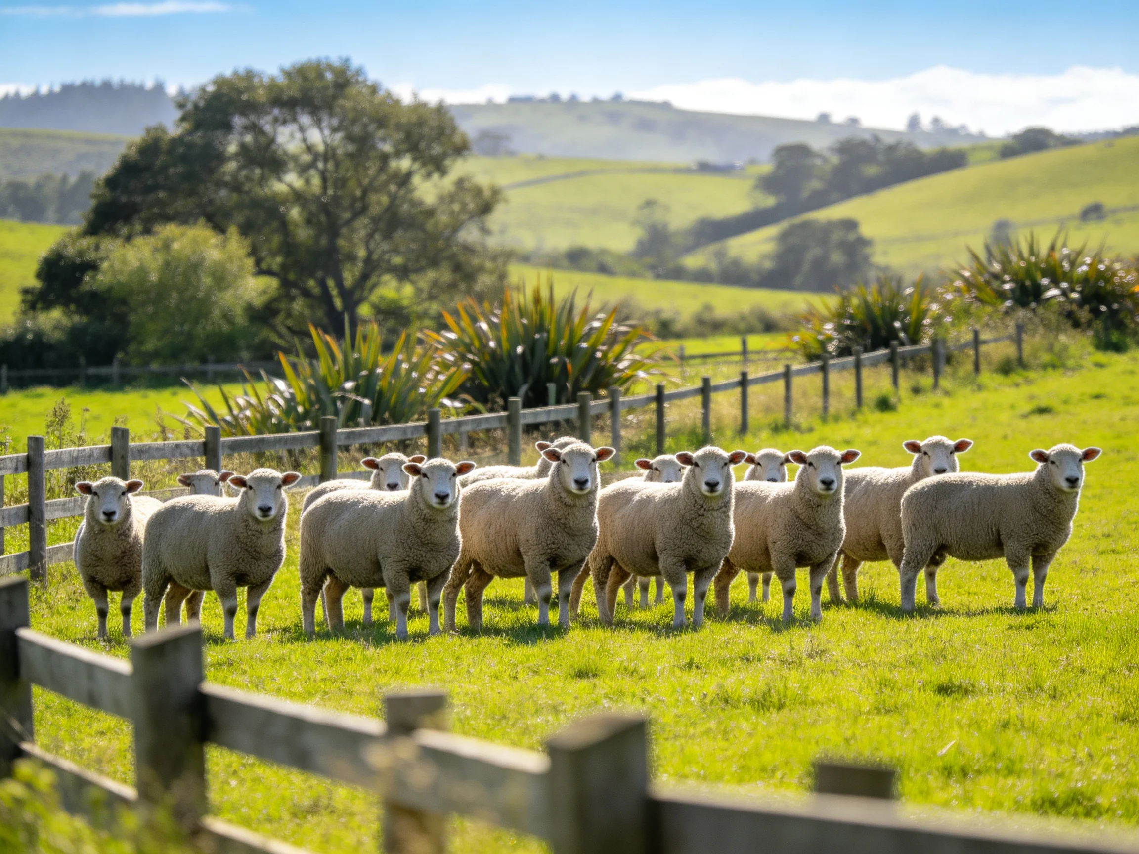 Flock of sheep in a green pasture with wooden fences