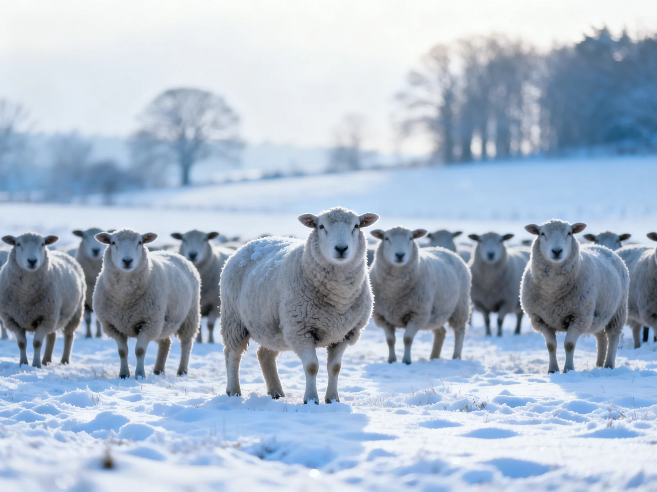 Flock of sheep in a snowy open field with distant trees