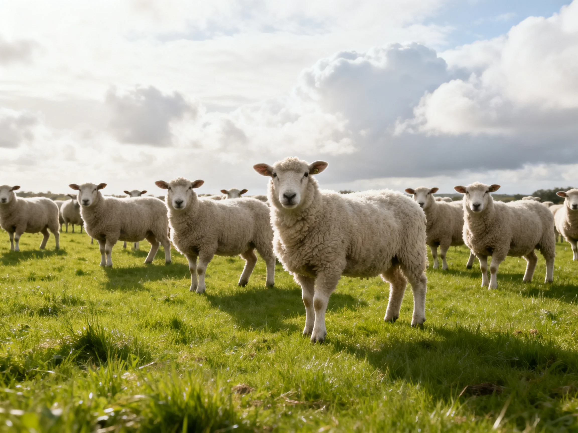 Flock of sheep in green pasture with cloudy sky