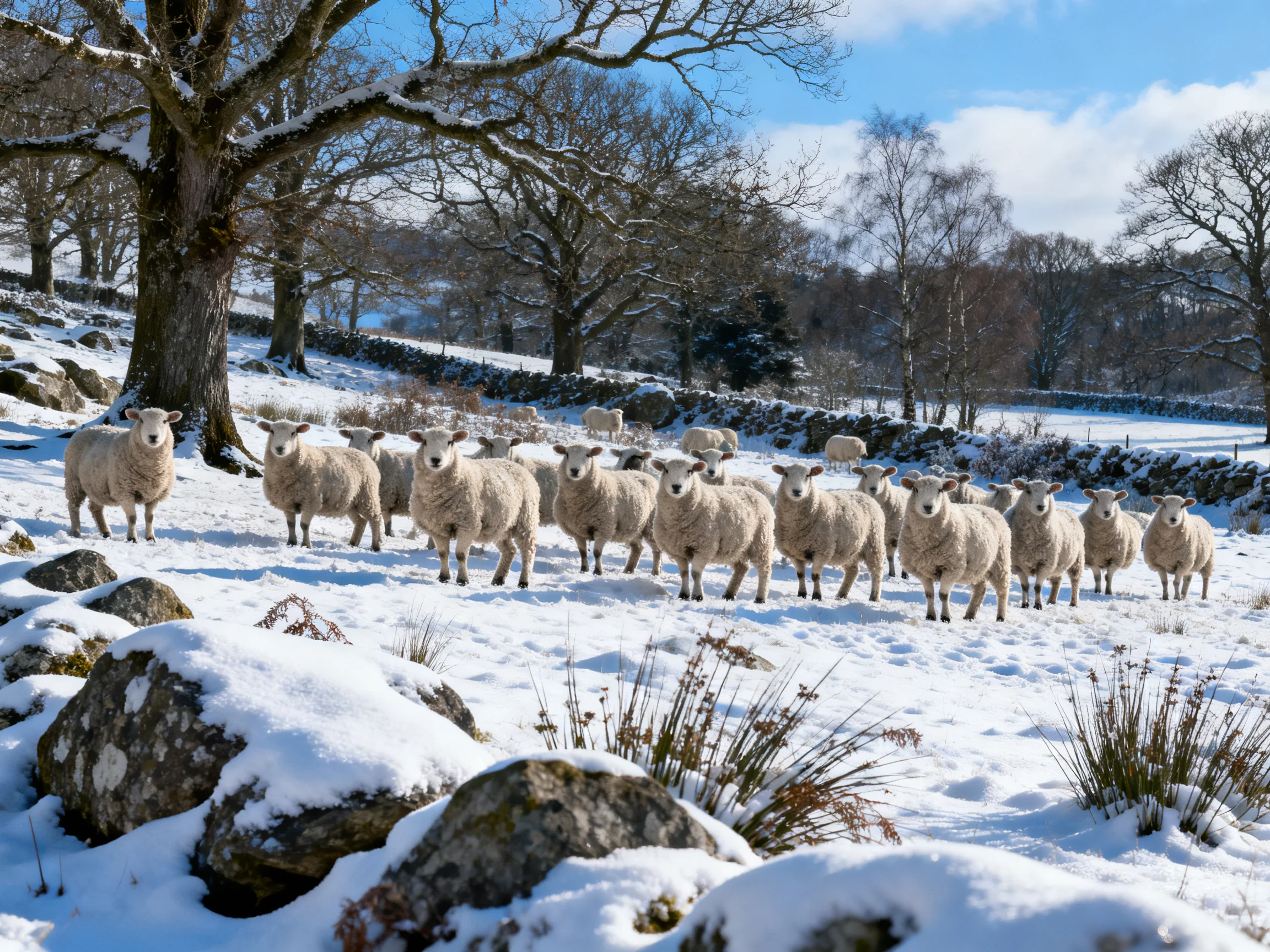 Flock of sheep in snowy, rocky countryside with bare trees