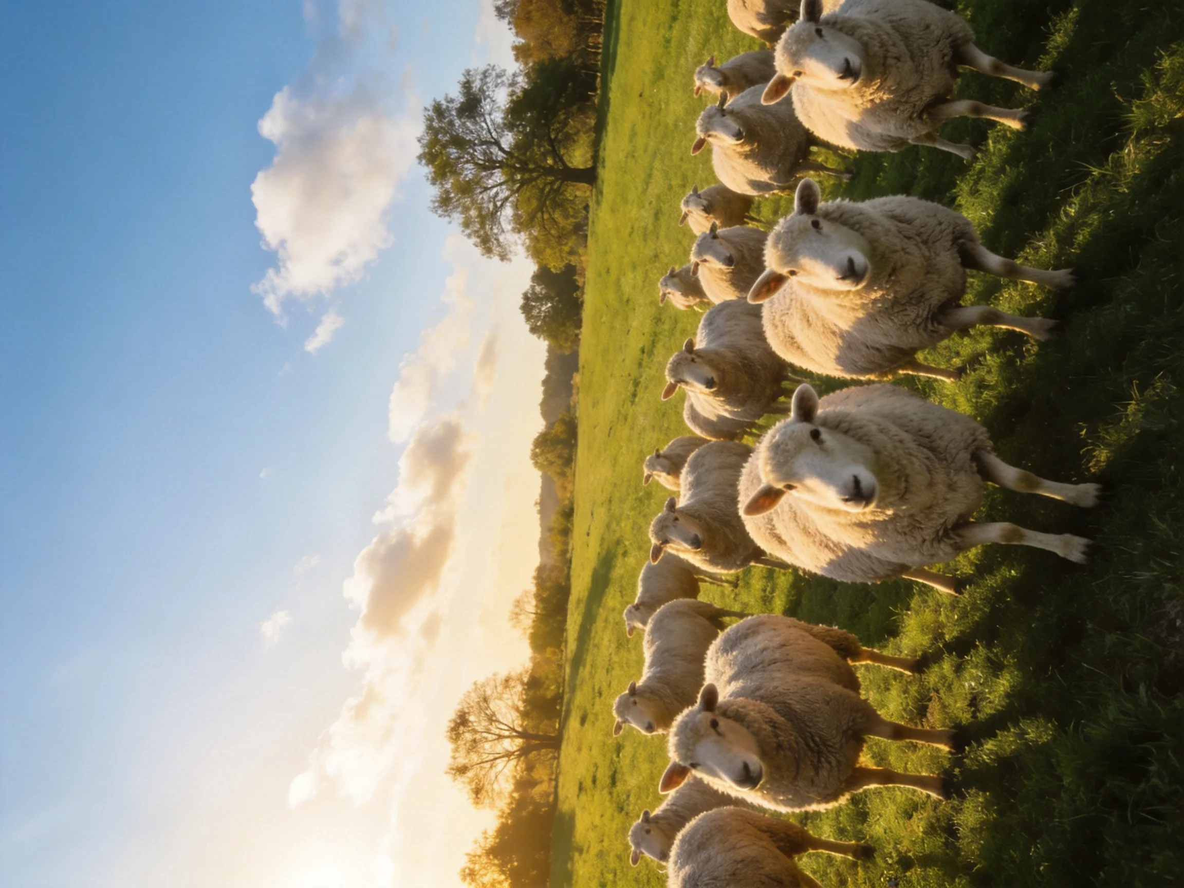Flock of sheep in sunlit green pasture with trees