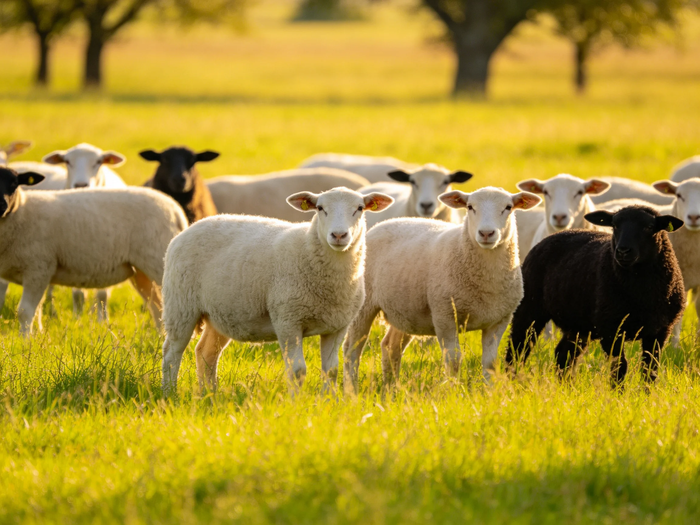 Flock of sheep in sunlit green pasture with white and black lambs