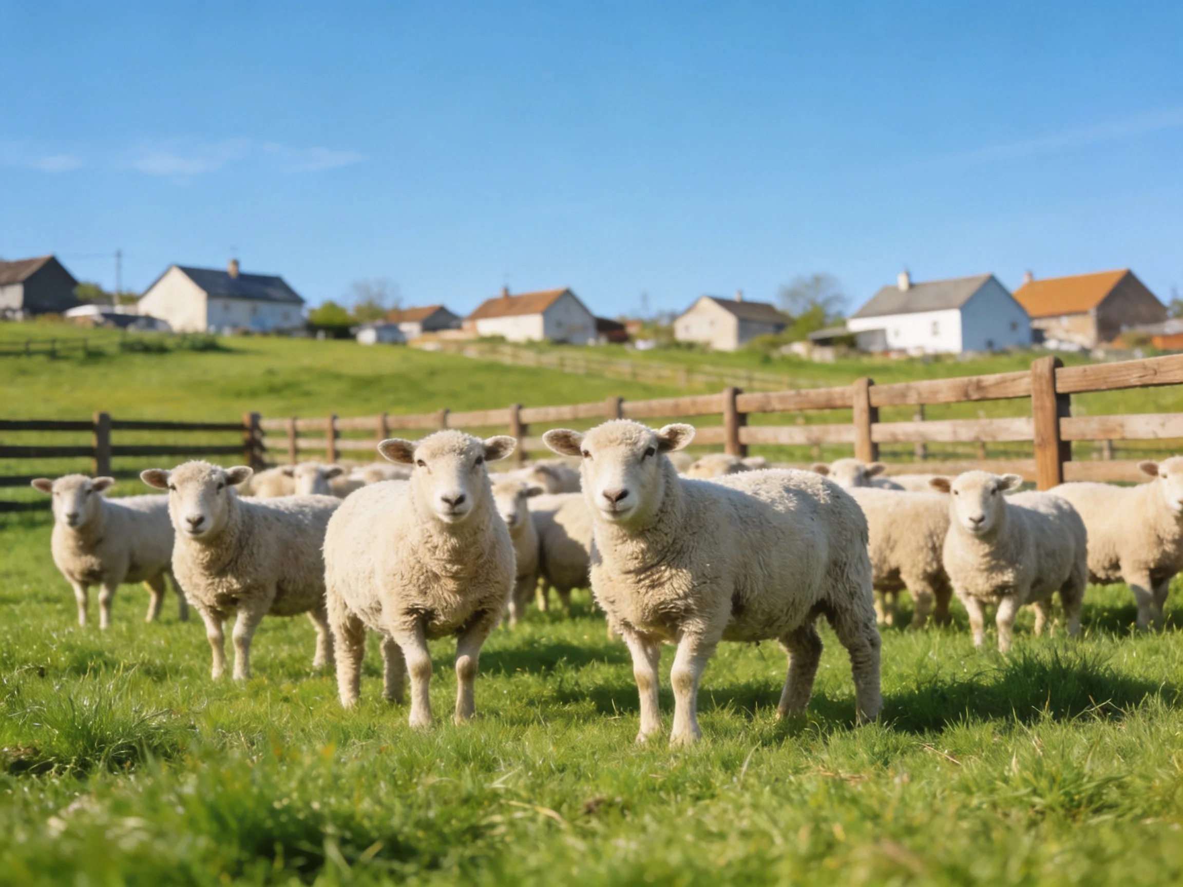 Flock of sheep in sunlit pastoral field