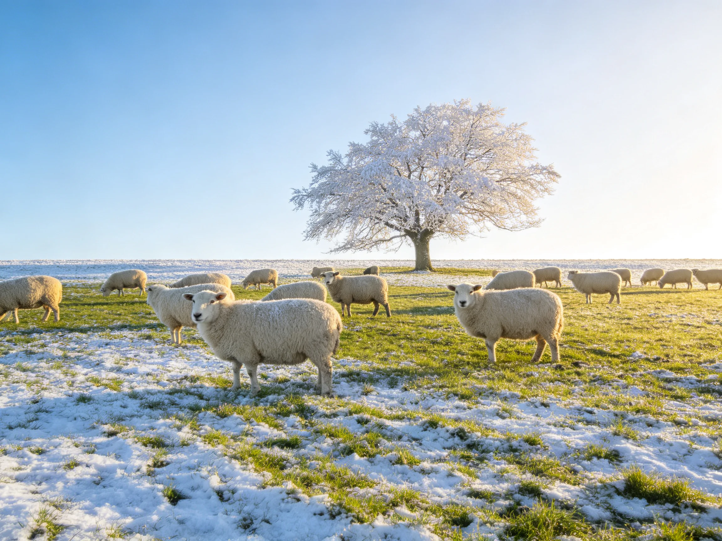 Sheep graze on a snow-dusted pasture beside a frosty tree.