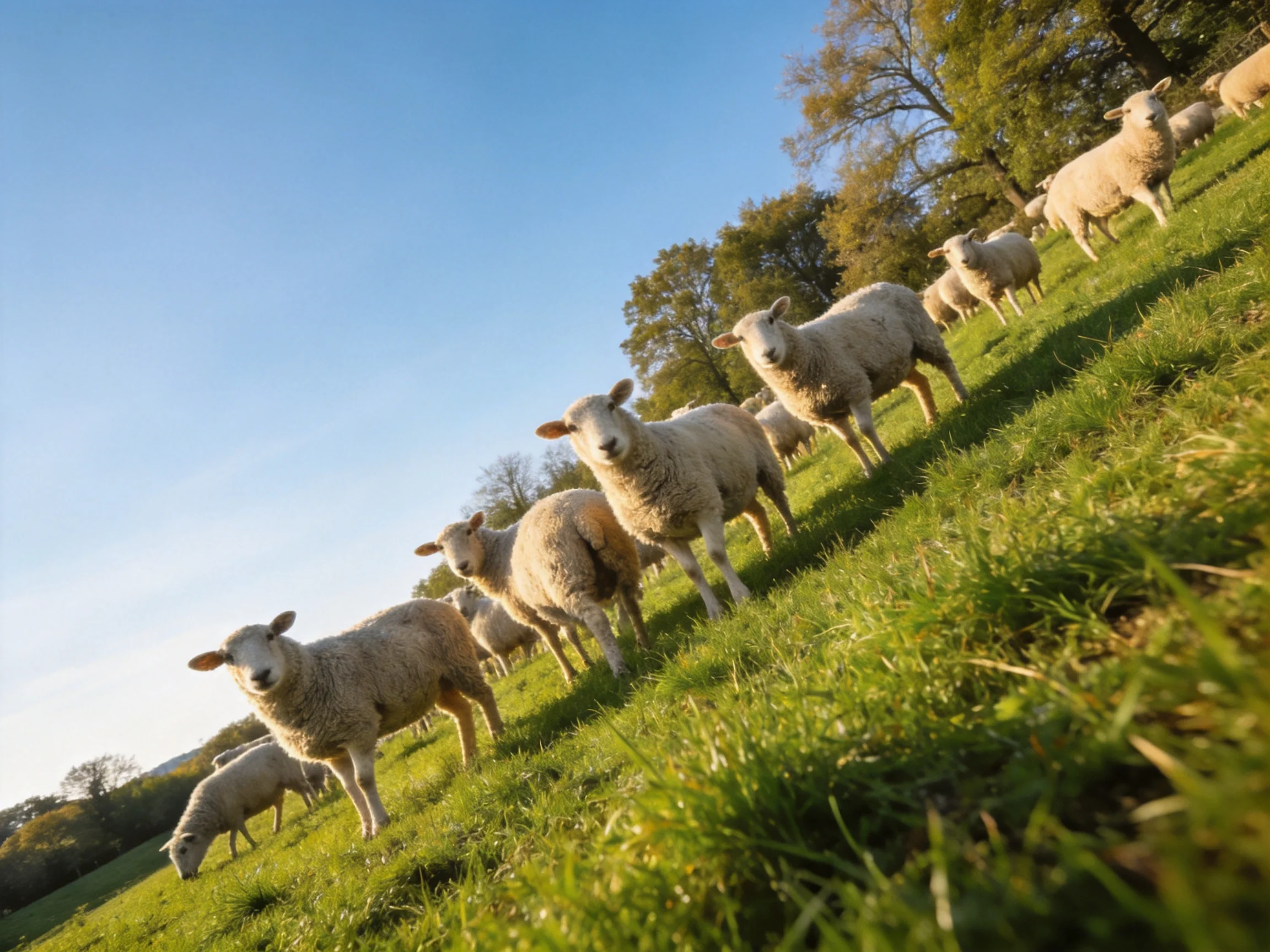 Flock of sheep on a lush green hillside with trees