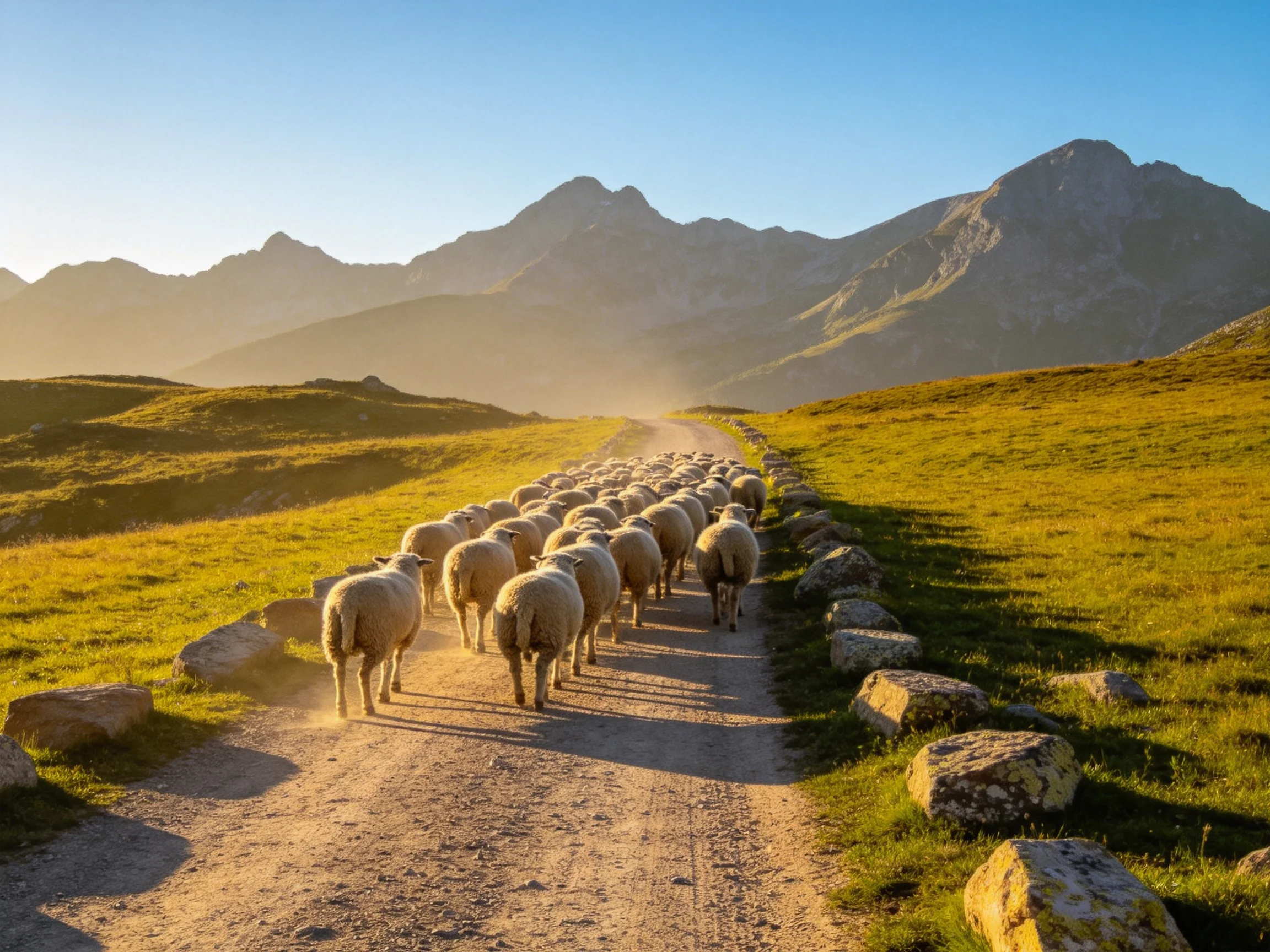 Flock of sheep on a sun-drenched dirt path near mountainous terrain