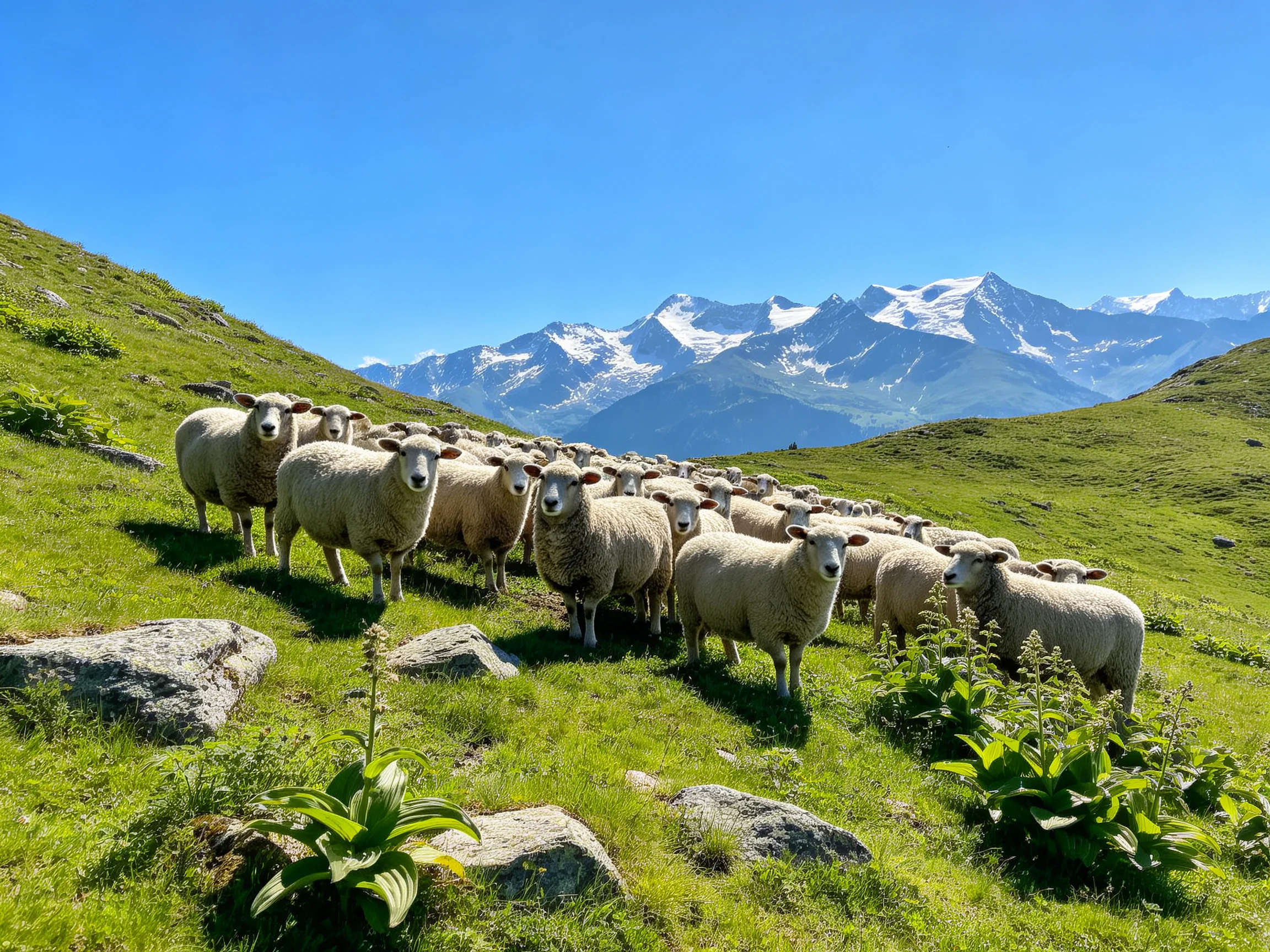 Flock of sheep on lush green hills near snow-capped mountains