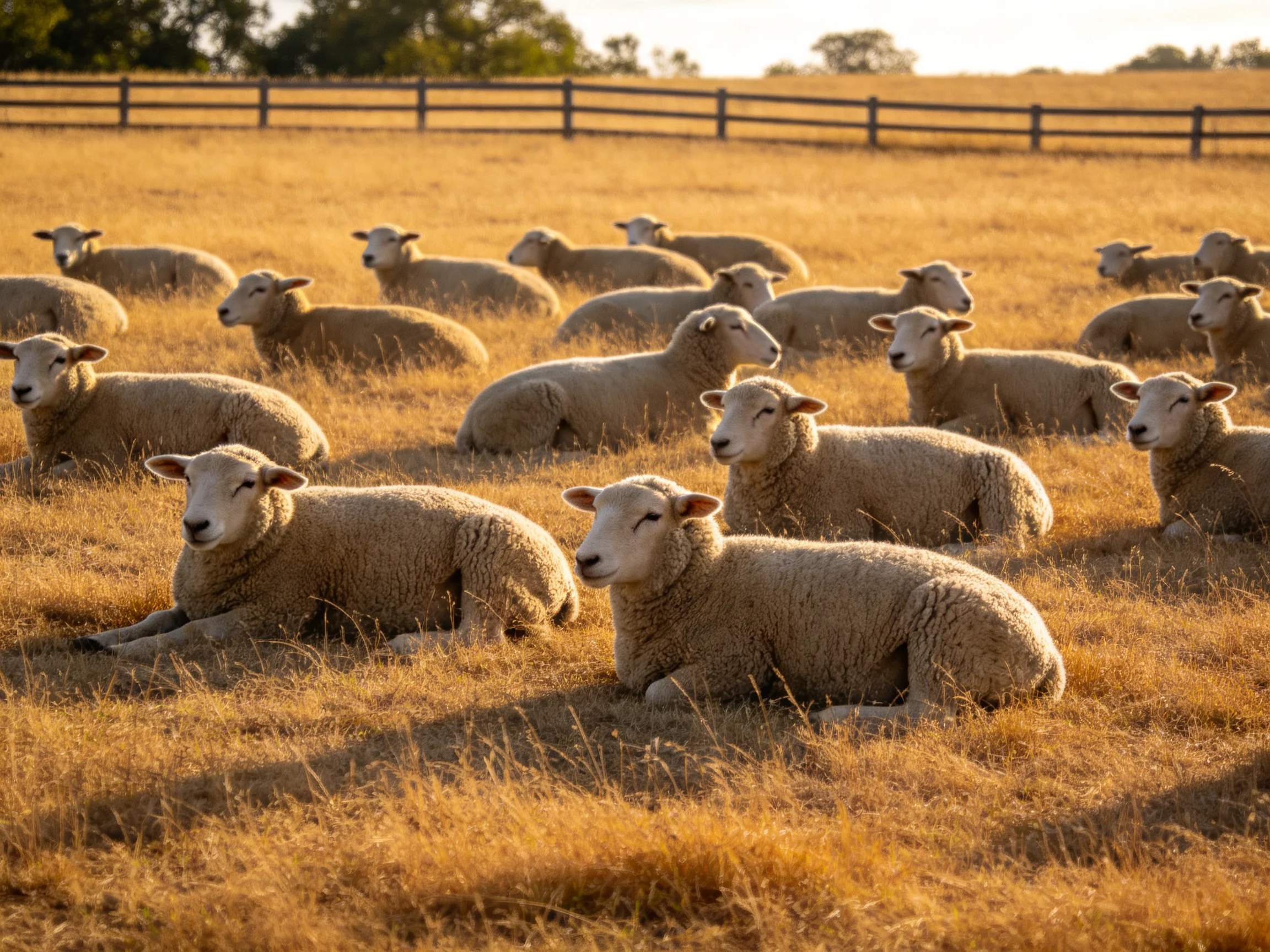 Flock of sheep resting in a golden field with wooden fencing
